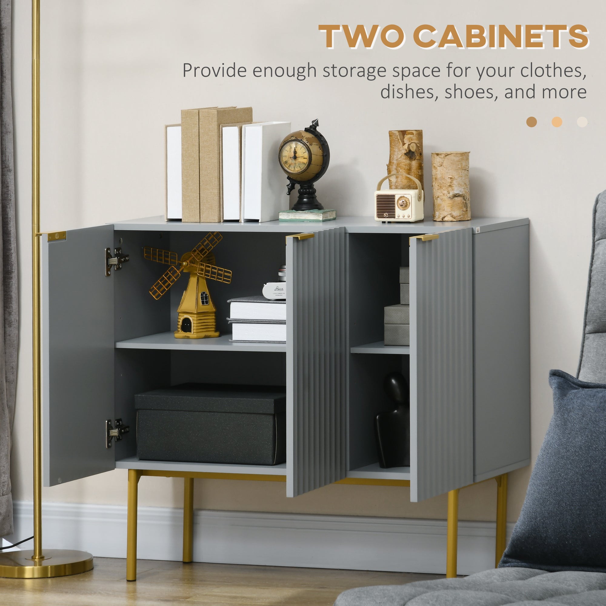 Modern Storage Cabinet Sideboard Buffet Cabinet with Gold Legs for Living Room Dining Room Hallway Grey