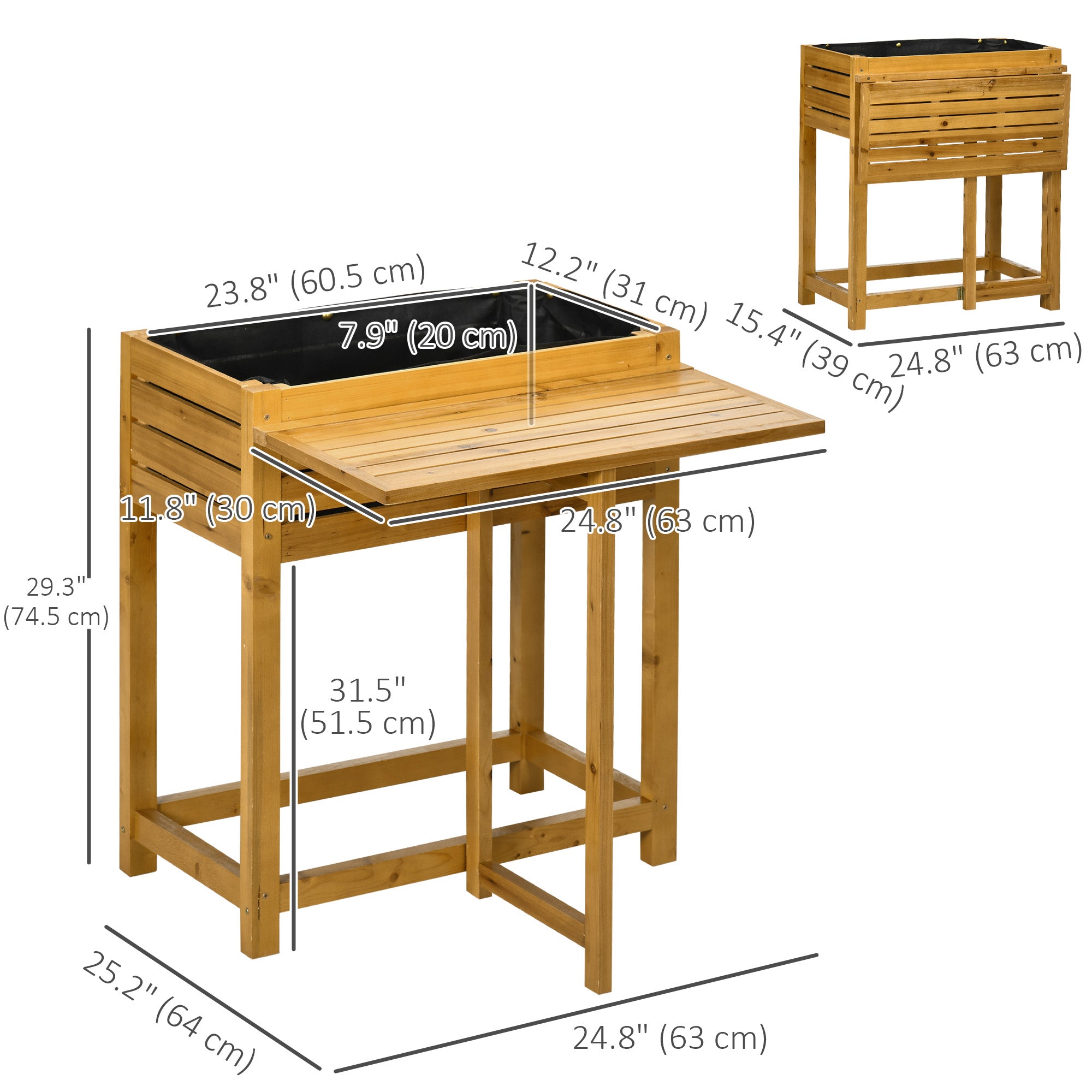 Raised Garden Bed with Folding Side Table, Elevated Wood Planter Box for Flowers and Vegetables, Use for Patio, Balcony
