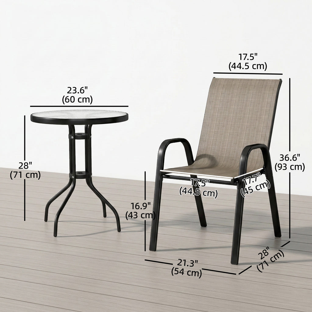 3 Pieces Bistro Set, Small Patio Furniture Set with Stackable Mesh Chairs, Glass Table for Garden, Light Mixed Brown