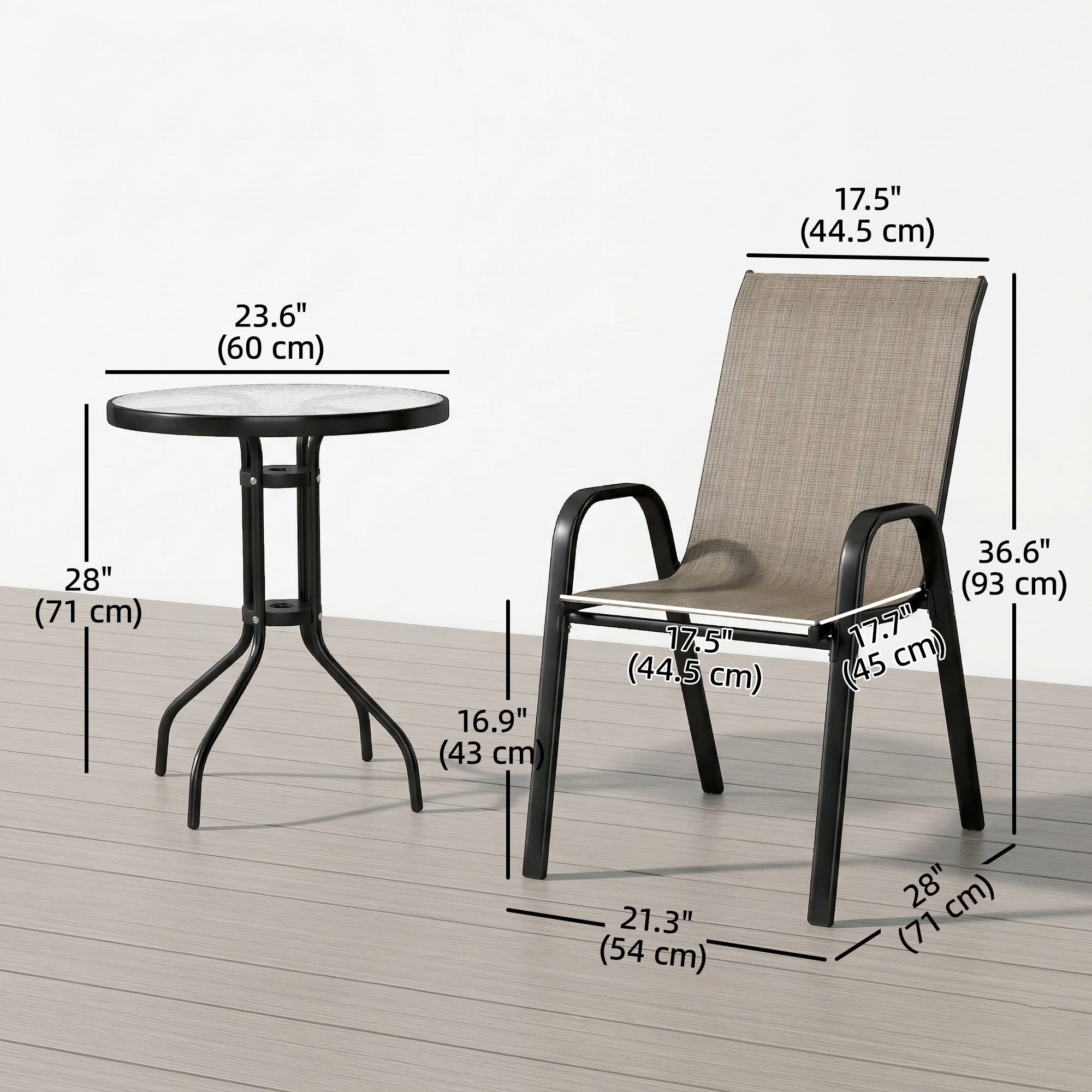 3 Pieces Bistro Set, Small Patio Furniture Set with Stackable Mesh Chairs, Glass Table for Garden, Light Mixed Brown