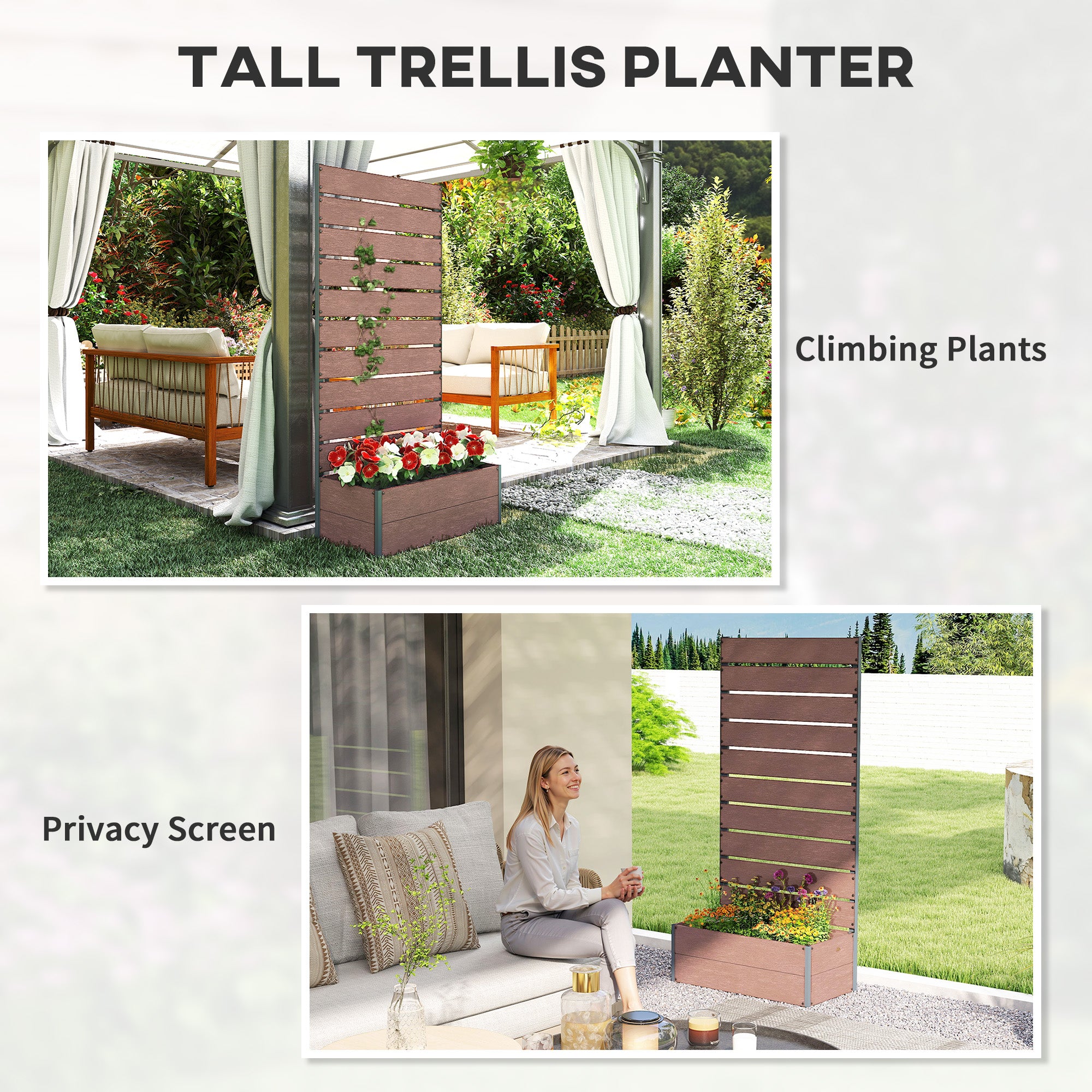 Raised Garden Bed with Trellis, Freestanding Elevated Planter Box for Climbing Vines, 28" x 15" x 59", Light Brown