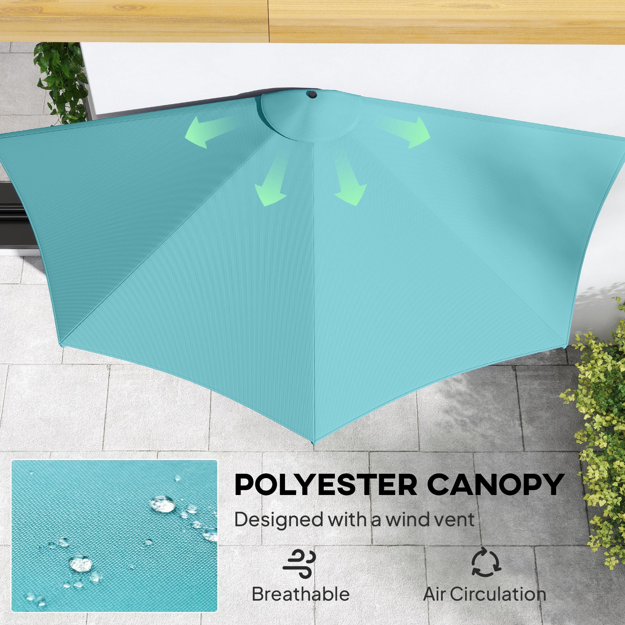 9.8ft Half Umbrella Semi Round Patio Parasol with Crank Handle, Top Vent for Garden, Balcony- NO BASE INCLUDED, Light Blue