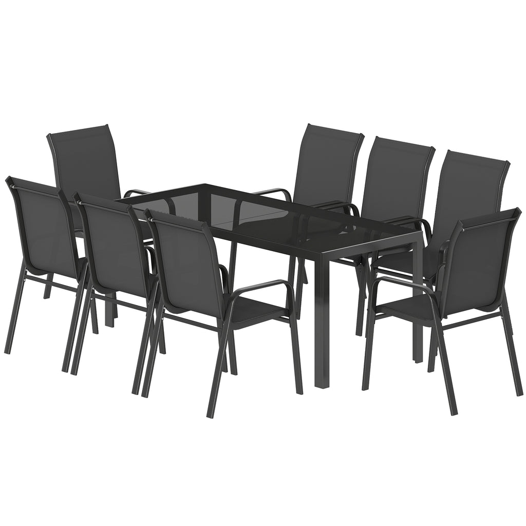 9 Pieces Patio Set with Stackable Chairs, Patio Dining Set with Glass Top for Garden, Patio, Backyard, Black