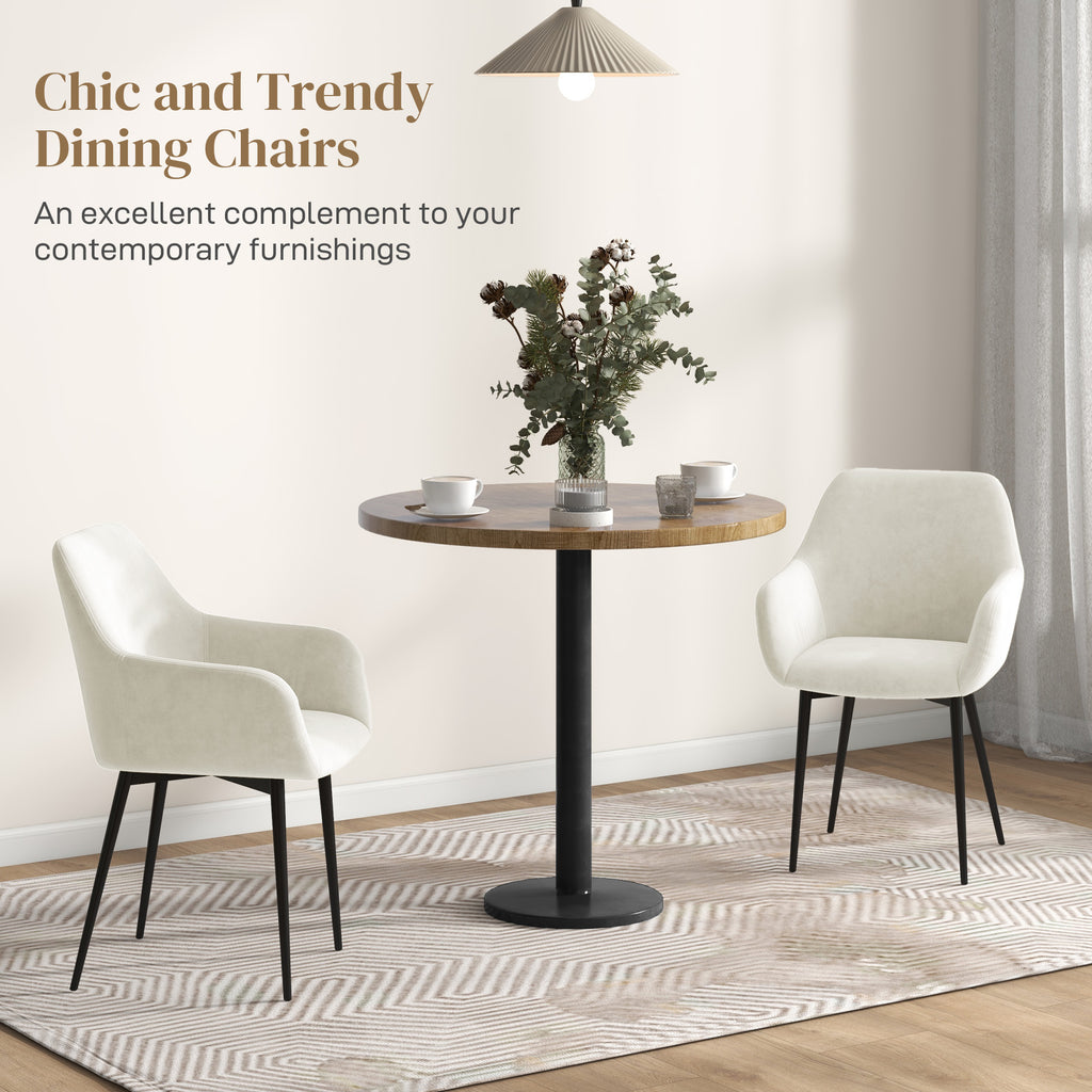 Dining Chairs Set of 2, Velvet-look Fabric Upholstered Kitchen Chairs with Backrest, Armrests and Steel Legs, Cream White