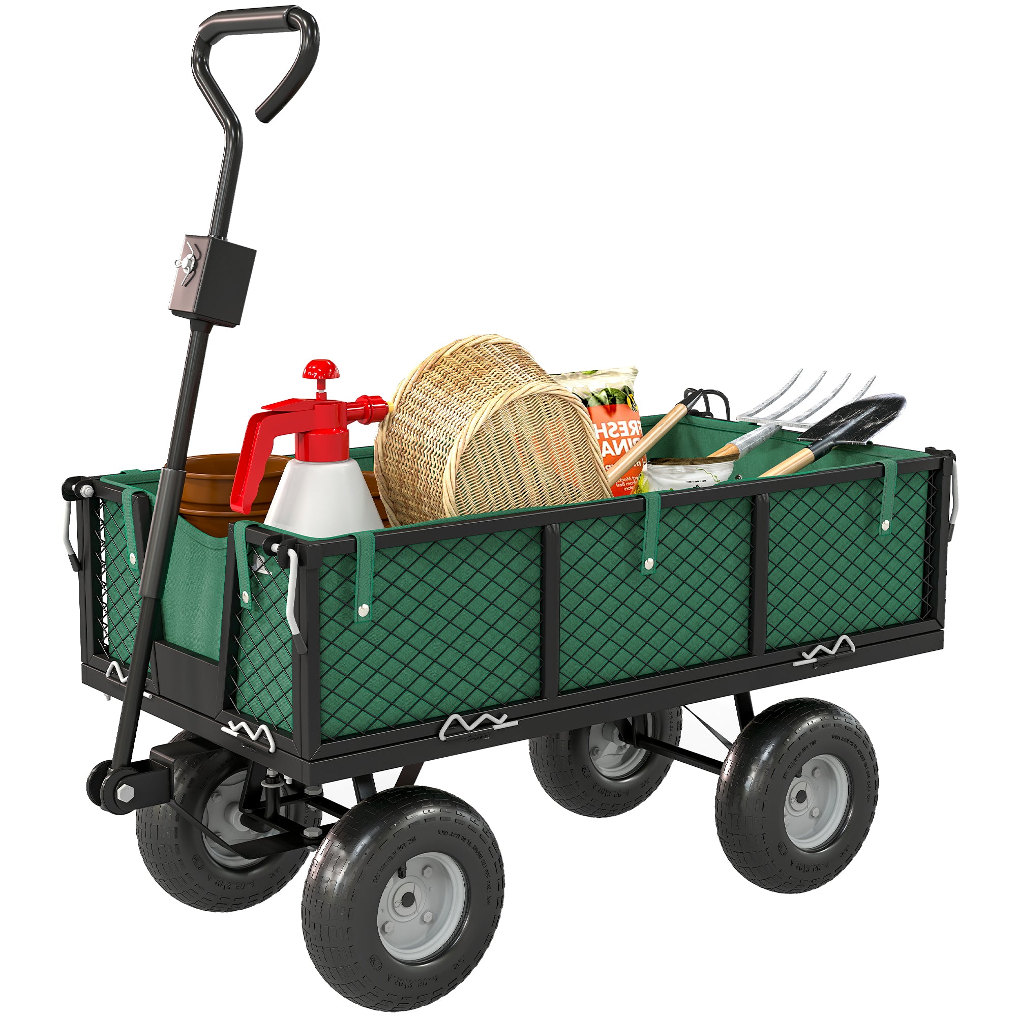 Steel Garden Cart, Utility Wagon Cart with Removable Liner, Quick-Release Sides, 10" Wheels, 660lbs Capacity, Green
