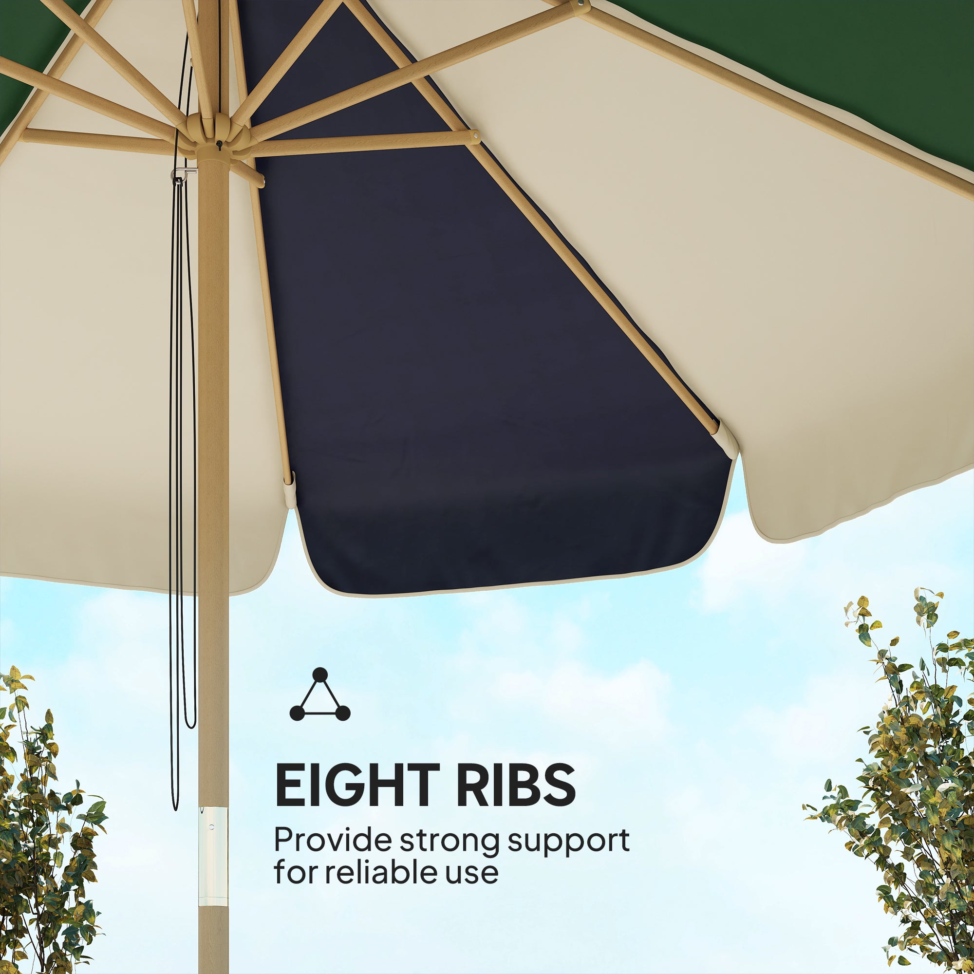 7.4 ft Patio Umbrella with Wood-Effect Frame, Colour-Blocked UPF 30+ Outdoor Market Table Umbrella Parasol, Dark Green