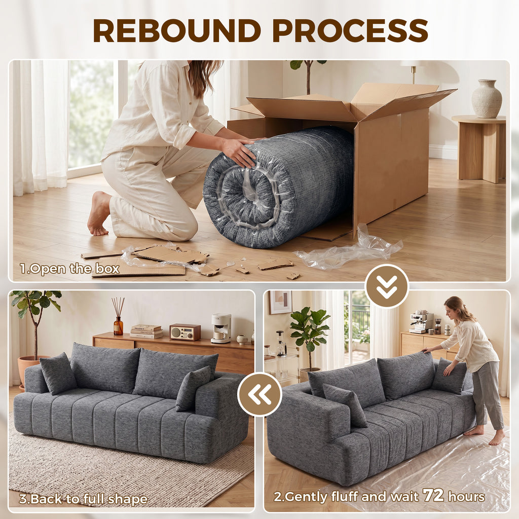 3 Seater Sofa, Chenille Boneless Cloud Couch with Thick Spring Cushion, Wide and Deep Seat, Wide Armrests, Grey