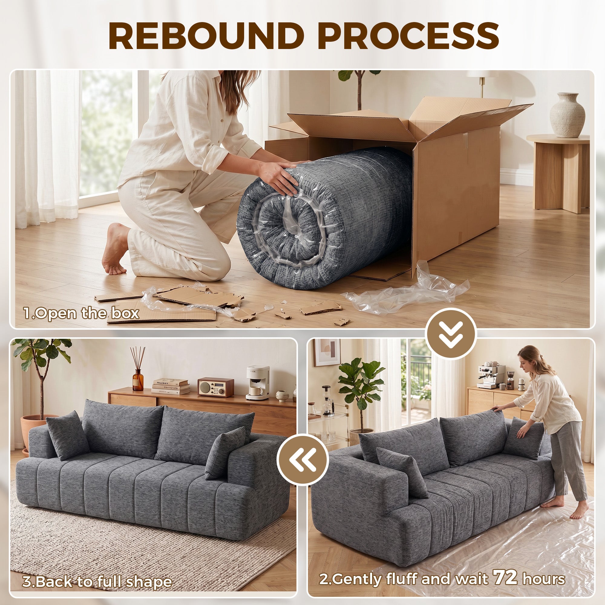 3 Seater Sofa, Chenille Boneless Cloud Couch with Thick Spring Cushion, Wide and Deep Seat, Wide Armrests, Grey