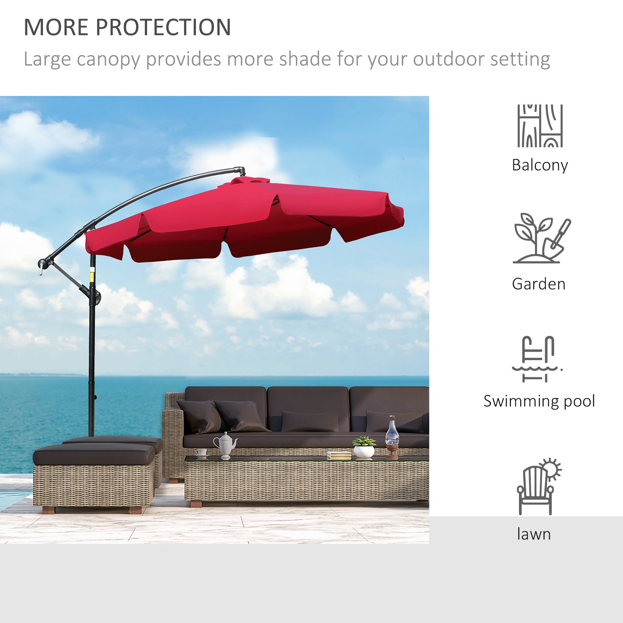 9FT Offset Hanging Patio Umbrella Cantilever Umbrella with Easy Tilt Adjustment, Cross Base and 8 Ribs for Backyard, Poolside, Lawn and Garden, Red