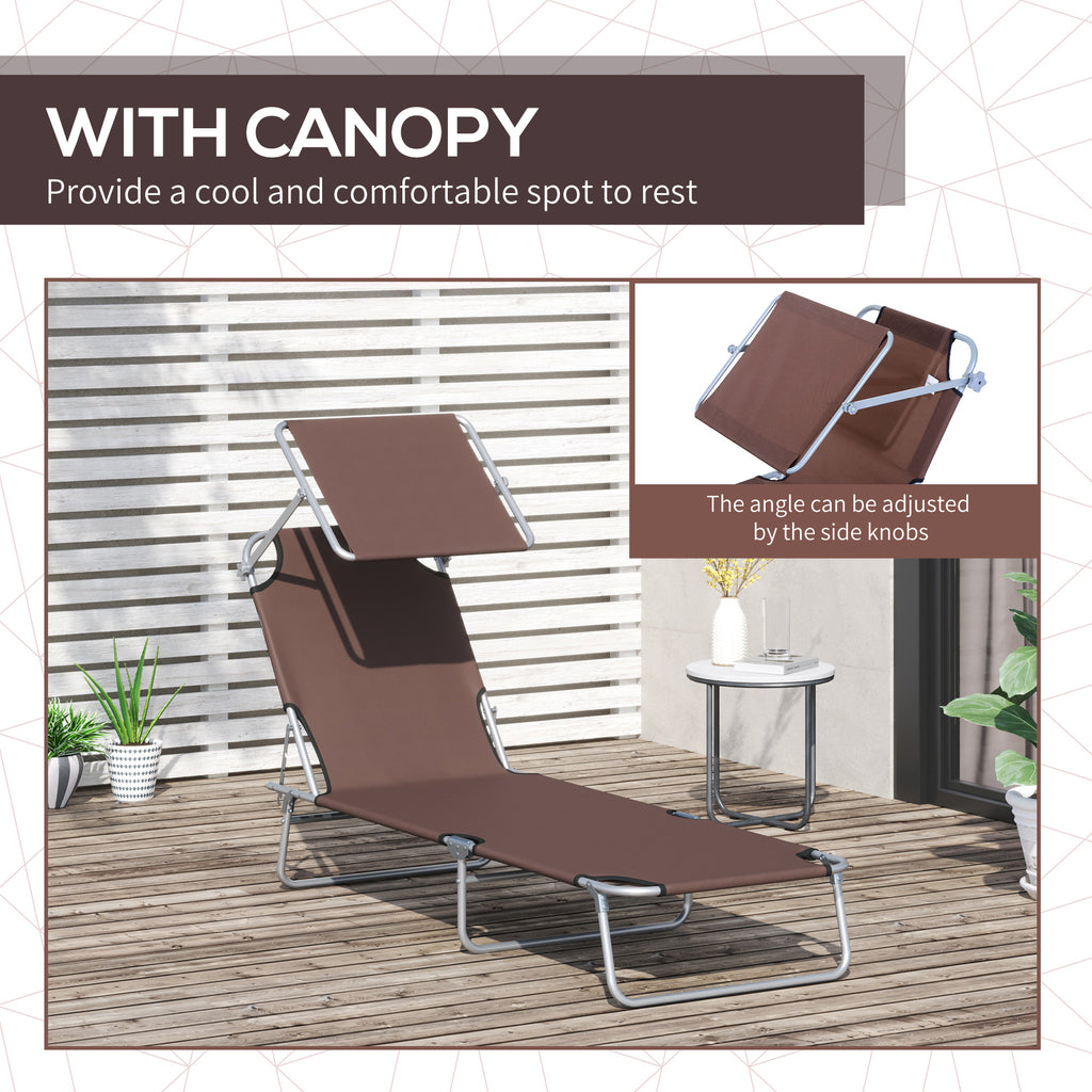 Outdoor Lounge Chair, Adjustable Folding Chaise Lounge,  Tanning Chair with Sun Shade for Beach, Camping, Hiking, Backyard, Brown