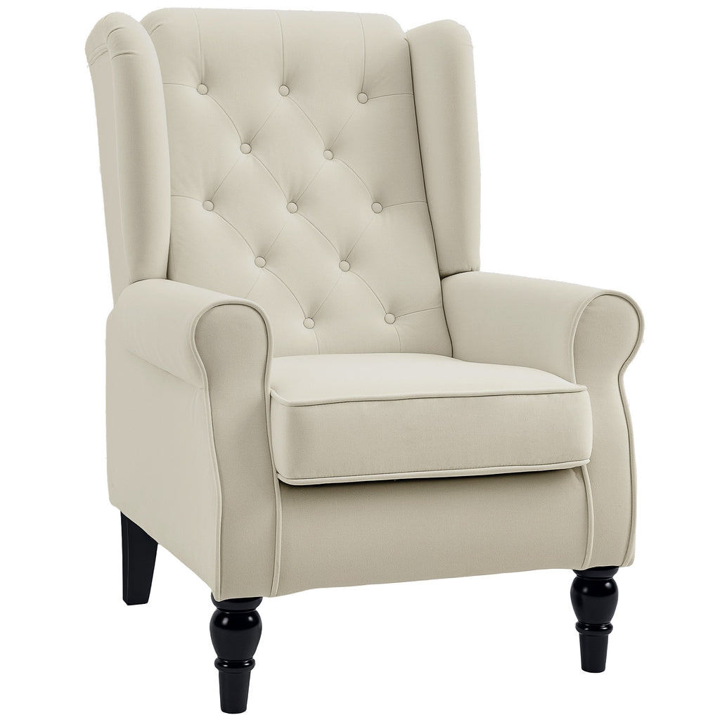 Fabric Accent Chair, Button Tufted Armchair, Upholstered Modern Living Room Chair, Wingback Chair with Wood Legs, Rolled Arms, Thick Padding for Bedroom, White