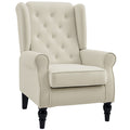 Fabric Accent Chair, Button Tufted Armchair, Upholstered Modern Living Room Chair, Wingback Chair with Wood Legs, Rolled Arms, Thick Padding for Bedroom, White