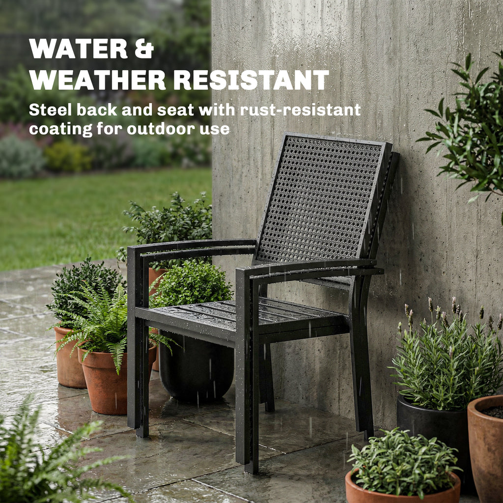 Stackable Patio Chairs Set of 2, Outdoor Dining Chairs with Faux Wicker Steel Mesh Back, Slatted Seat, Armrests, Black