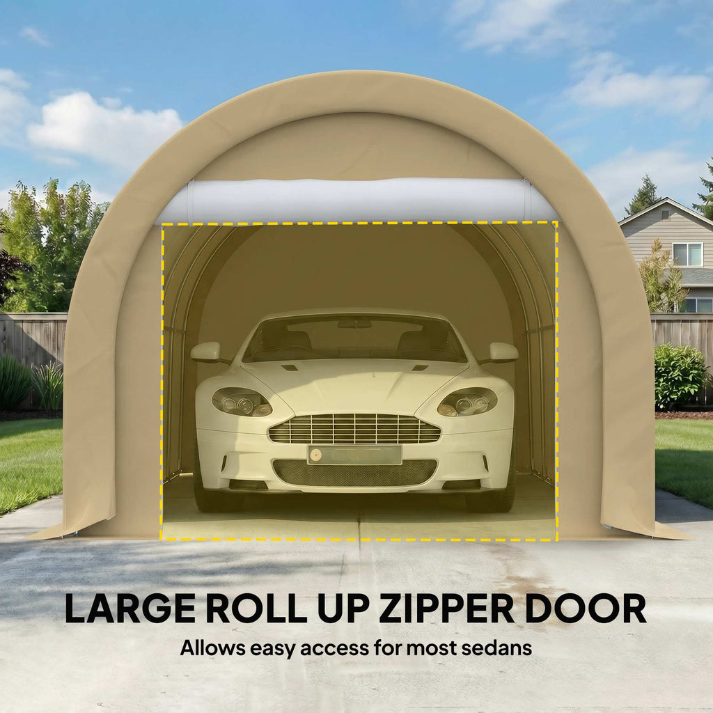 10' x 16' Heavy Duty Portable Carport Tent with Zippered Door, PE Cover for Car, Boat, Motorcycle, Bike, Beige