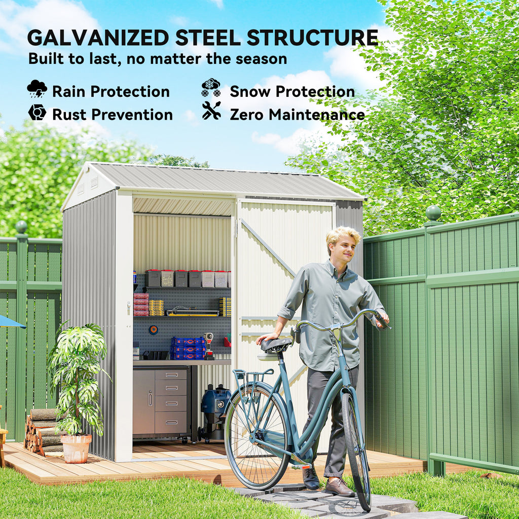 7' x 6' Tall Outdoor Storage Shed, Waterproof Metal Garden Shed with Gloves, Lockable Door, Silver Grey