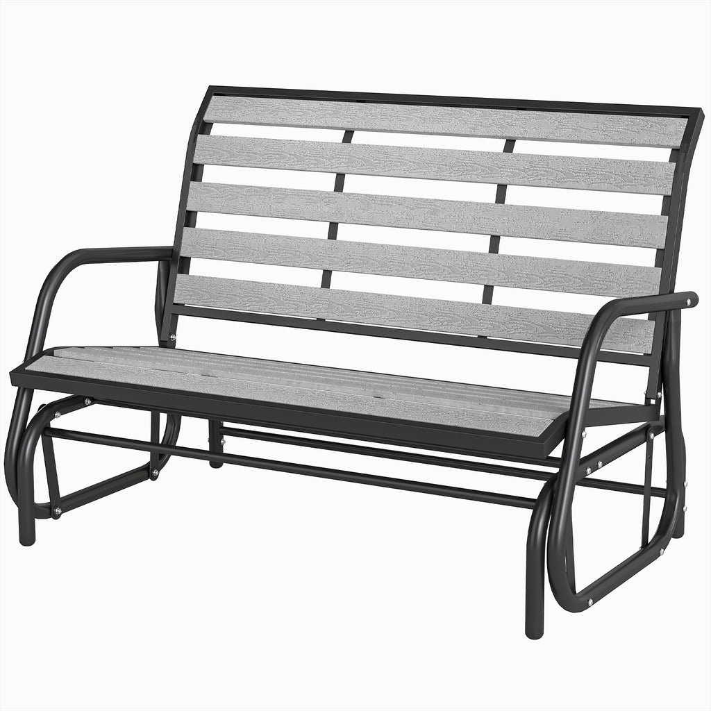 2 Person Outdoor Glider Bench, Patio Glider Loveseat with Faux Wood Slatted Seat and Back, Steel Frame, Grey