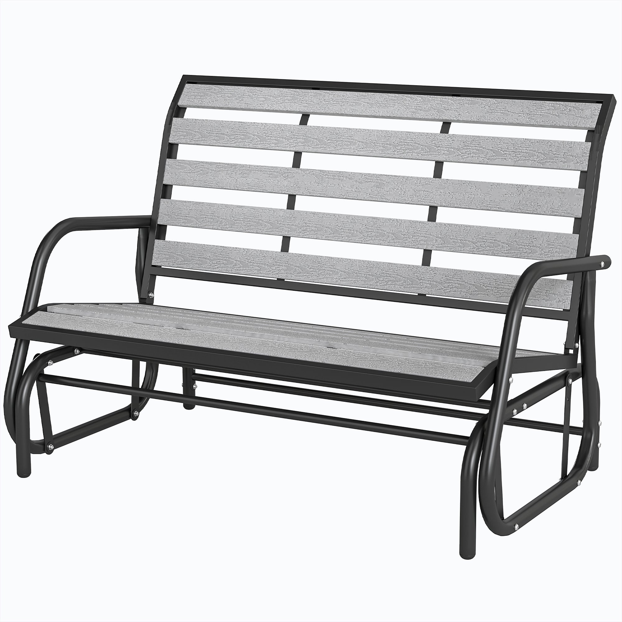 2 Person Outdoor Glider Bench, Patio Glider Loveseat with Faux Wood Slatted Seat and Back, Steel Frame, Grey