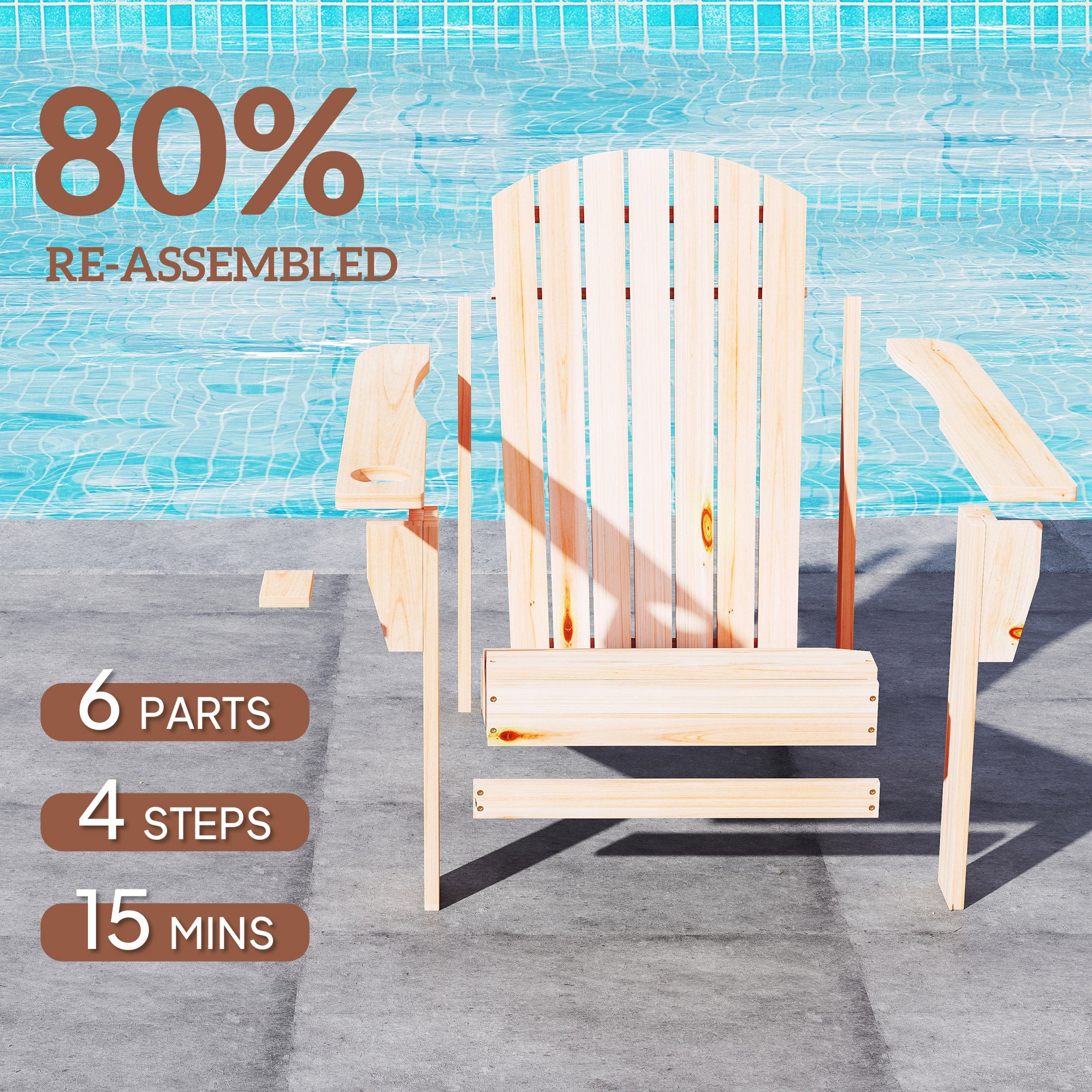 Classic Adirondack Chair Muskoka Chair, Garden Deck Chair with Cup Holder for Patio, Indoor, Backyard, Natural