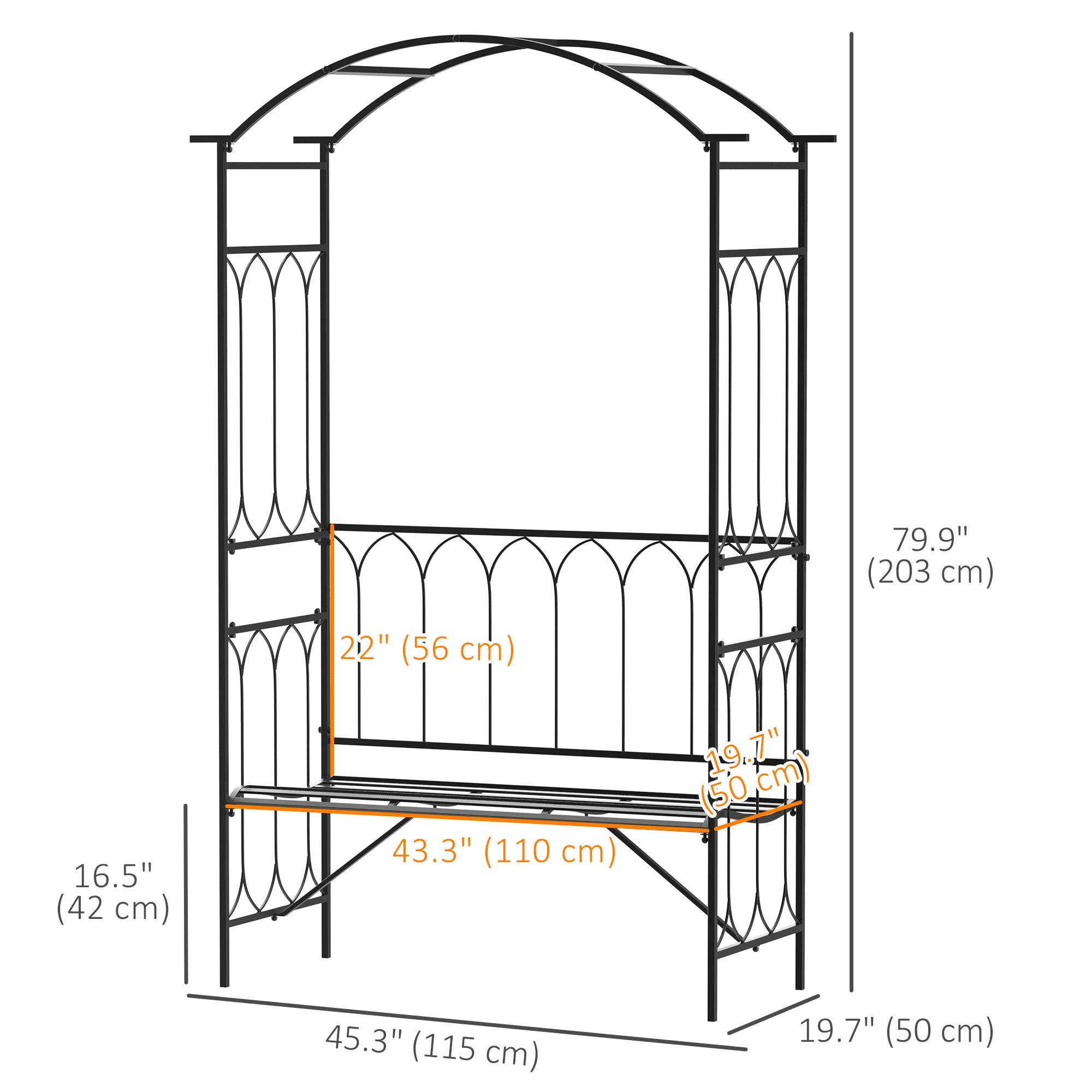 80" Tall Fairy Garden Arbor Arch with Bench Metal Outdoor Plant Climbing Support Trellis with 2 Seater Bench for Rose Vines Black