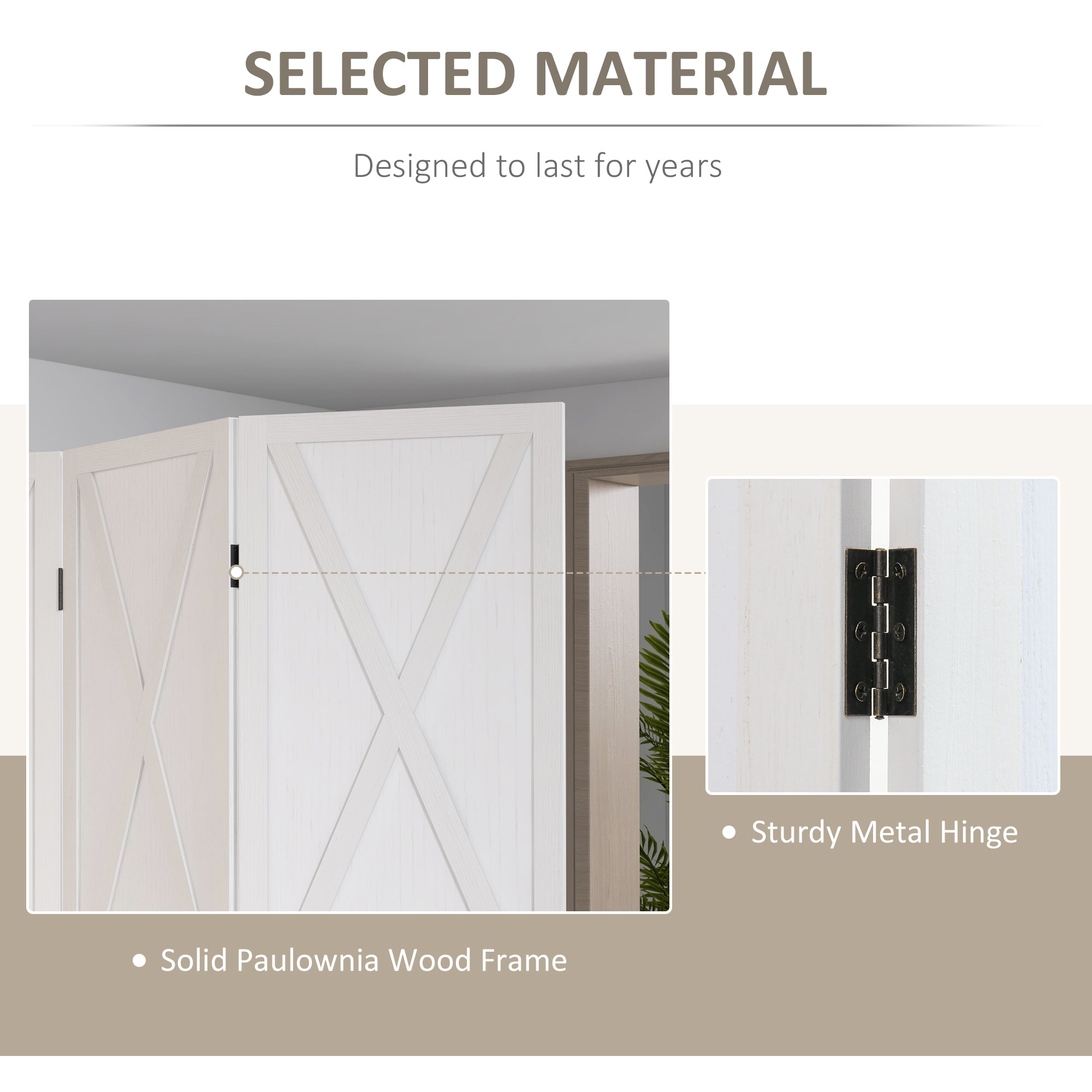 3-panel Wall Partition Farmhouse Room Separator with Foldable Design Wooden Frame 5.6FT, White