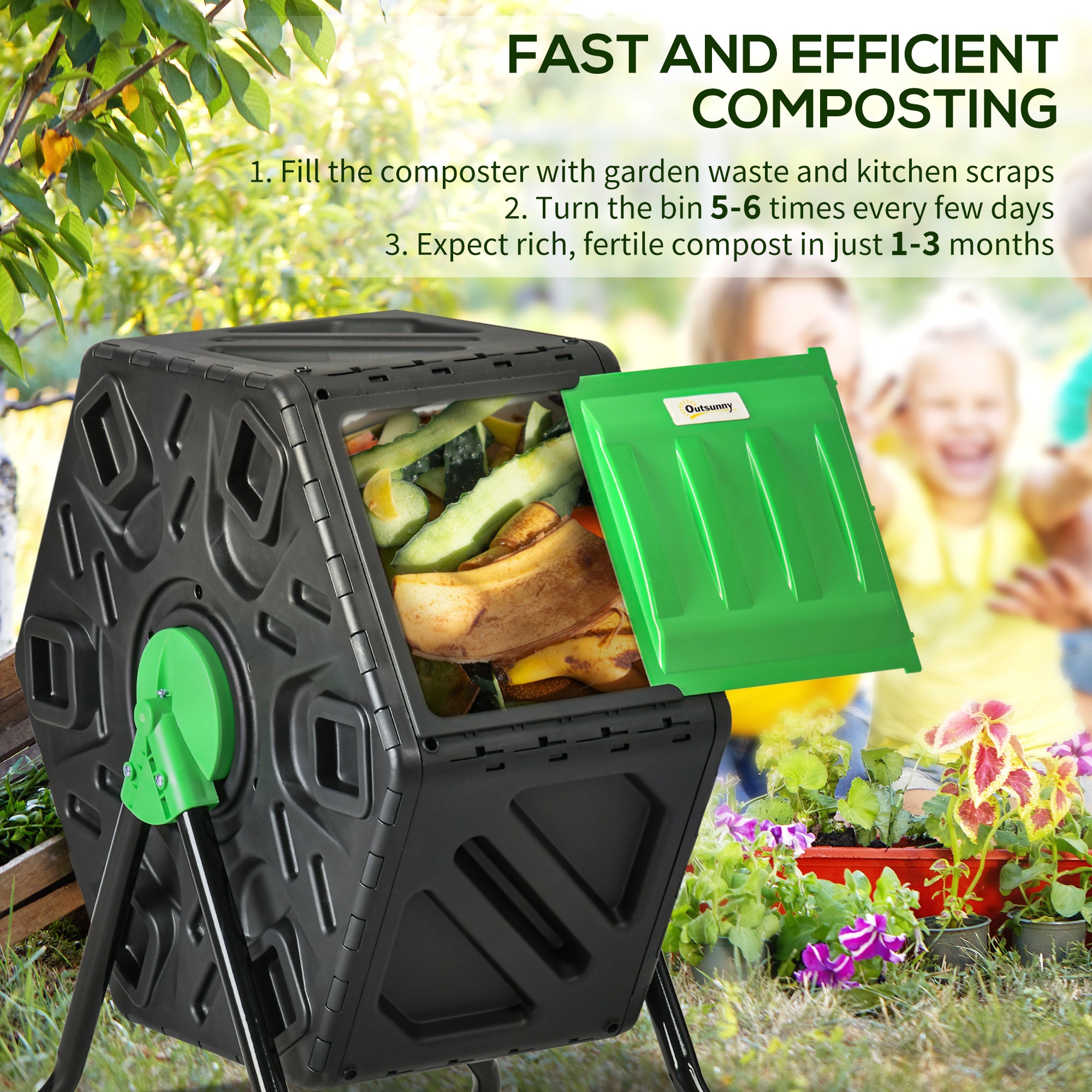 Rotating Composter, Compost Bin with 24 Vents and Steel Legs, 17 Gallon, Green