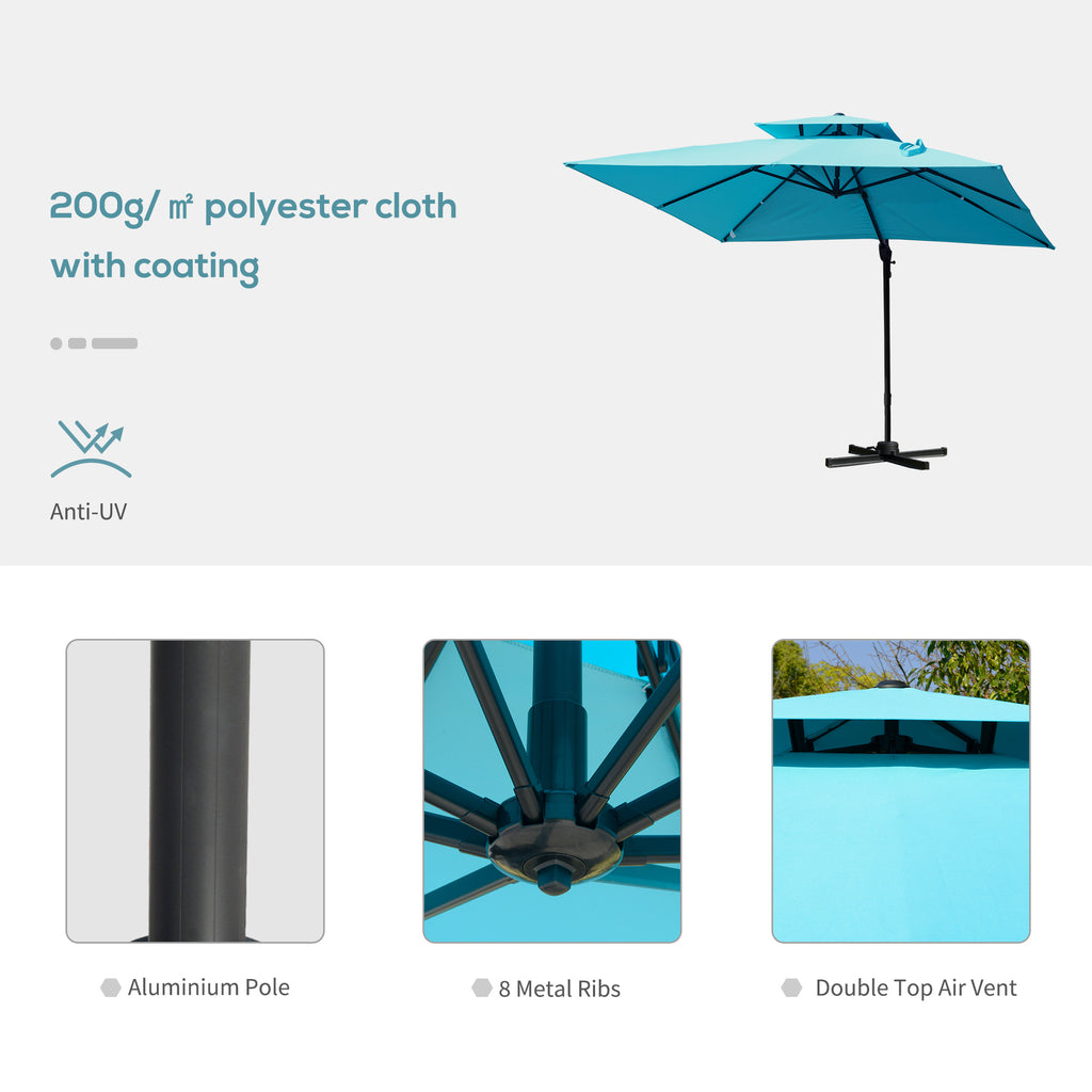 10' x 10' Cantilever Patio Umbrella, Double Top Square Offset Umbrella with 360Â° Rotation, 5 Adjustable Tilt Angles, Umbrella Cover, Aluminum Pole and Ribs, Light Blue