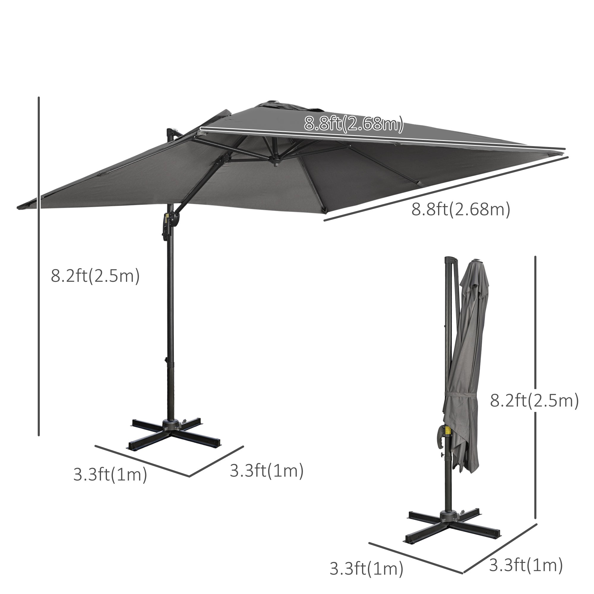 9ft Cantilever Patio Umbrella, Square Overhanging Umbrella with Cross Base, Crank Handle, Tilt, 360Â° Rotation and Aluminum Frame, Dark Grey
