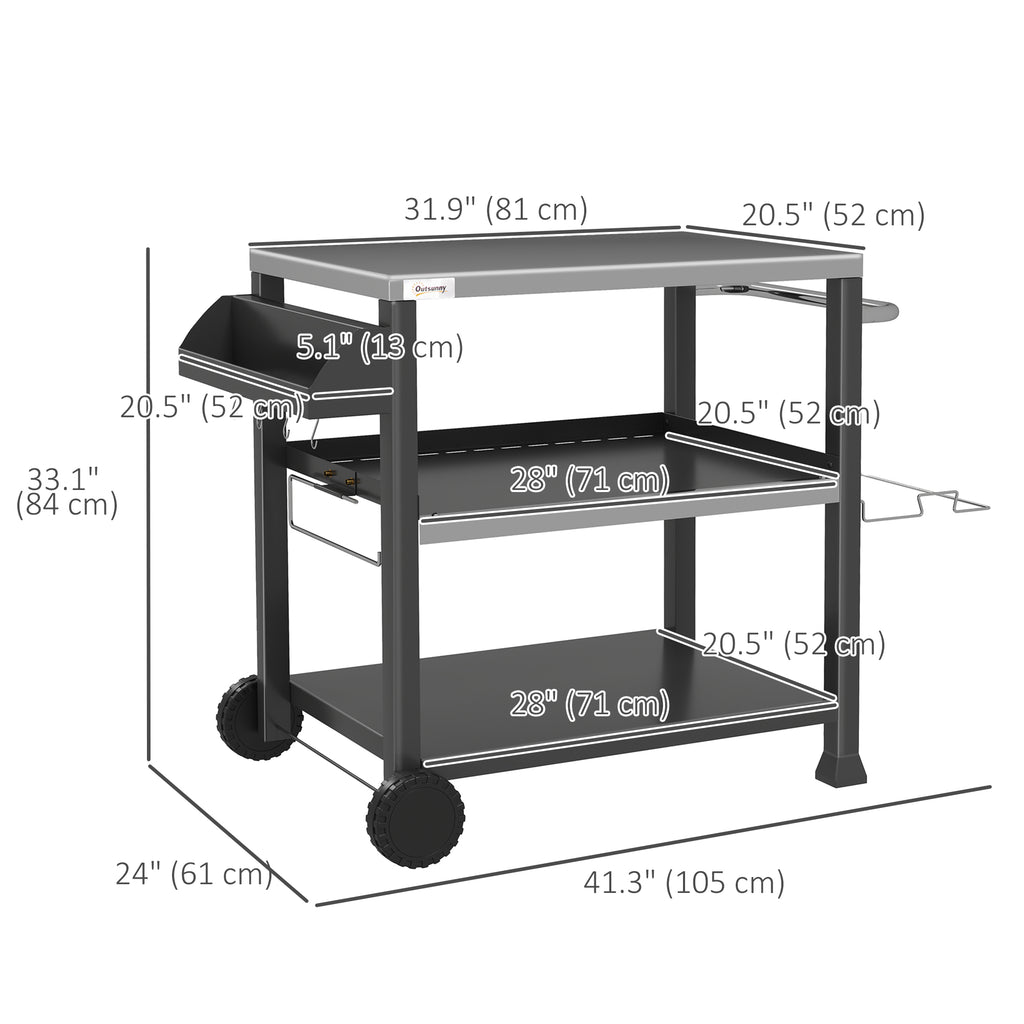 3-Shelf Outdoor Grill Cart Table with Side Handle, Stainless Steel Pizza Oven Stand on Wheels, Black