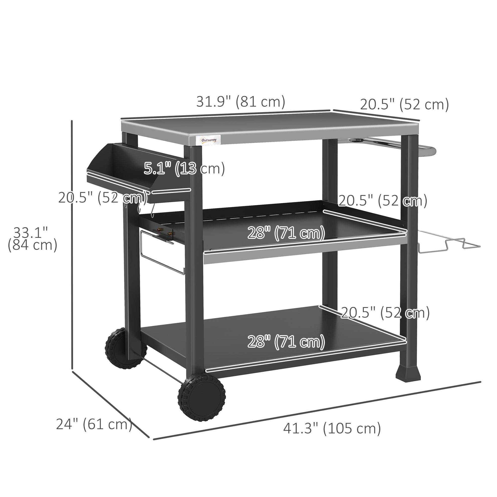 3-Shelf Outdoor Grill Cart Table with Side Handle, Stainless Steel Pizza Oven Stand on Wheels, Black