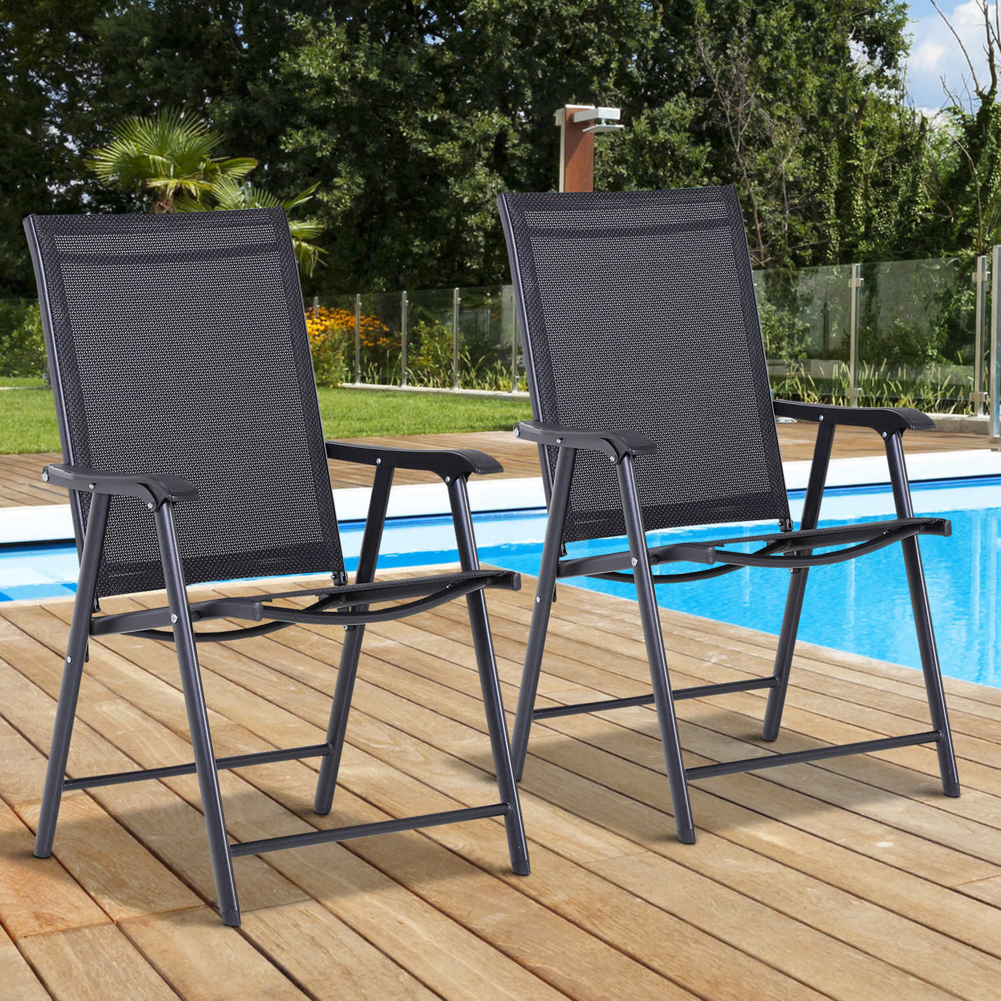 2-Piece Folding Dining Chair Set for Relaxing on Patio, Balcony, or Garden, Comfortable Outdoor Furniture with Armrests, Black