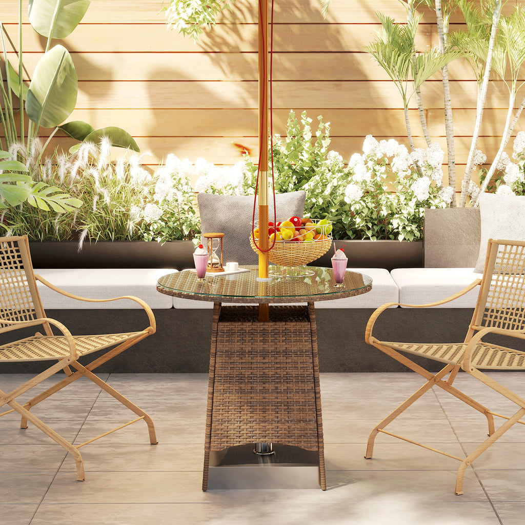 31.5" Outdoor Round Patio Table with Umbrella Hole, Bistro Coffee Table with Tempered Glass Top for Garden, Brown