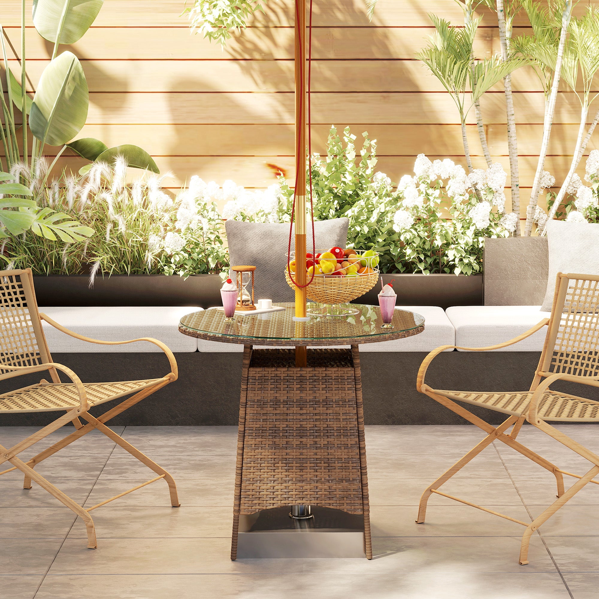31.5" Outdoor Round Patio Table with Umbrella Hole, Bistro Coffee Table with Tempered Glass Top for Garden, Brown
