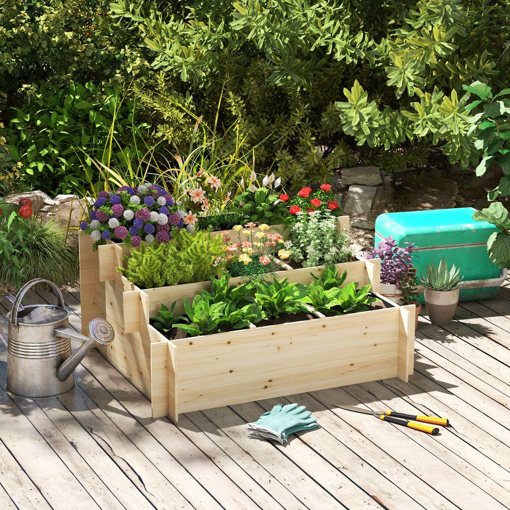 3 Tier Raised Garden Bed with 9 Grow Grids and Bed Liner for Garden, Outdoor to Vegetables, Flowers, Natural