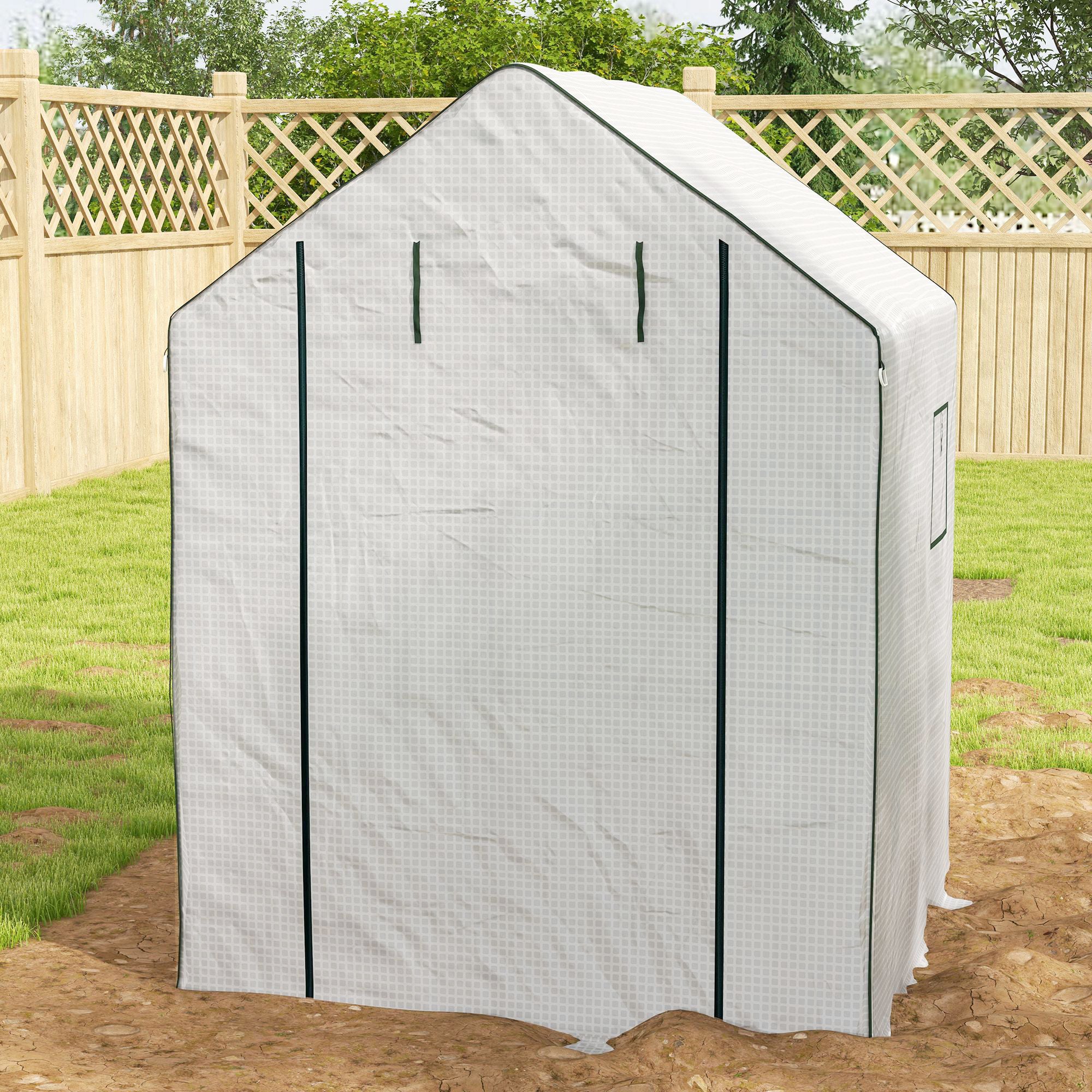Portable Greenhouse, Walk-In Small Outdoor Green House with 2 Tier U-Shaped Flower Rack Shelves, 4.6' x 4.7', White