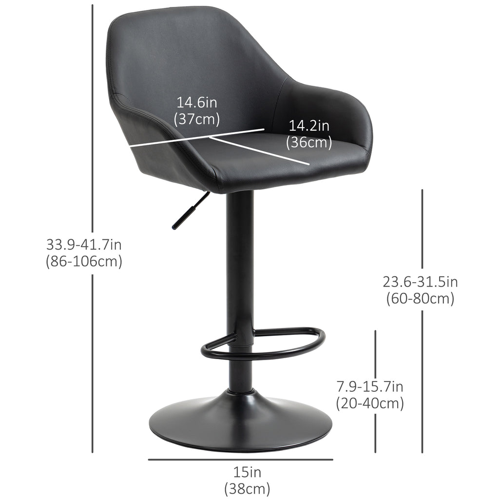 Adjustable Bar Stools Set of 2, Swivel Barstools with Footrest and Back, PU Leather and Steel Round Base, Black
