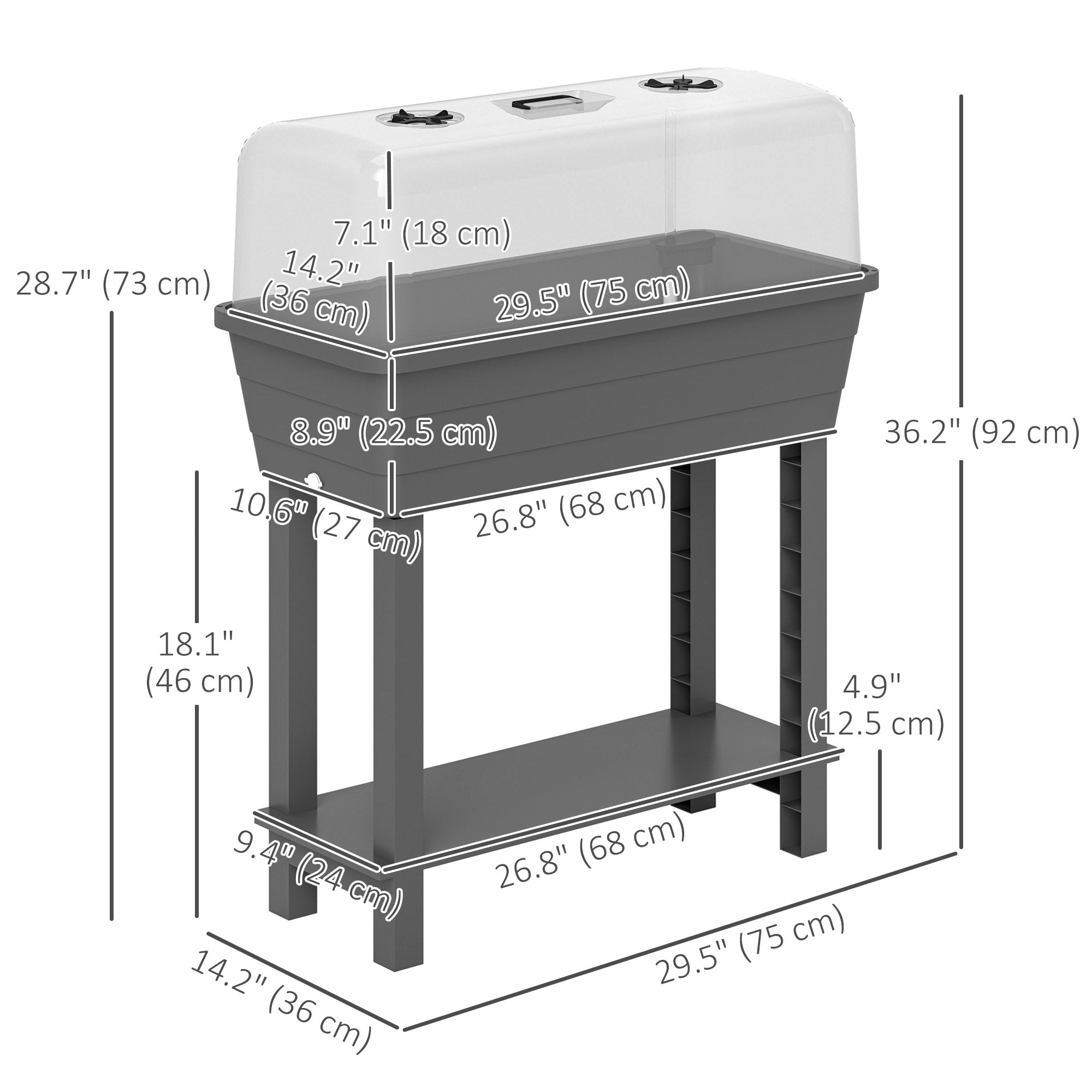 41L Self Watering Raised Garden Bed w/ Ventilation Transparent Lid Greenhouse, Planter Box w/ Storage Shelf, Dark Grey