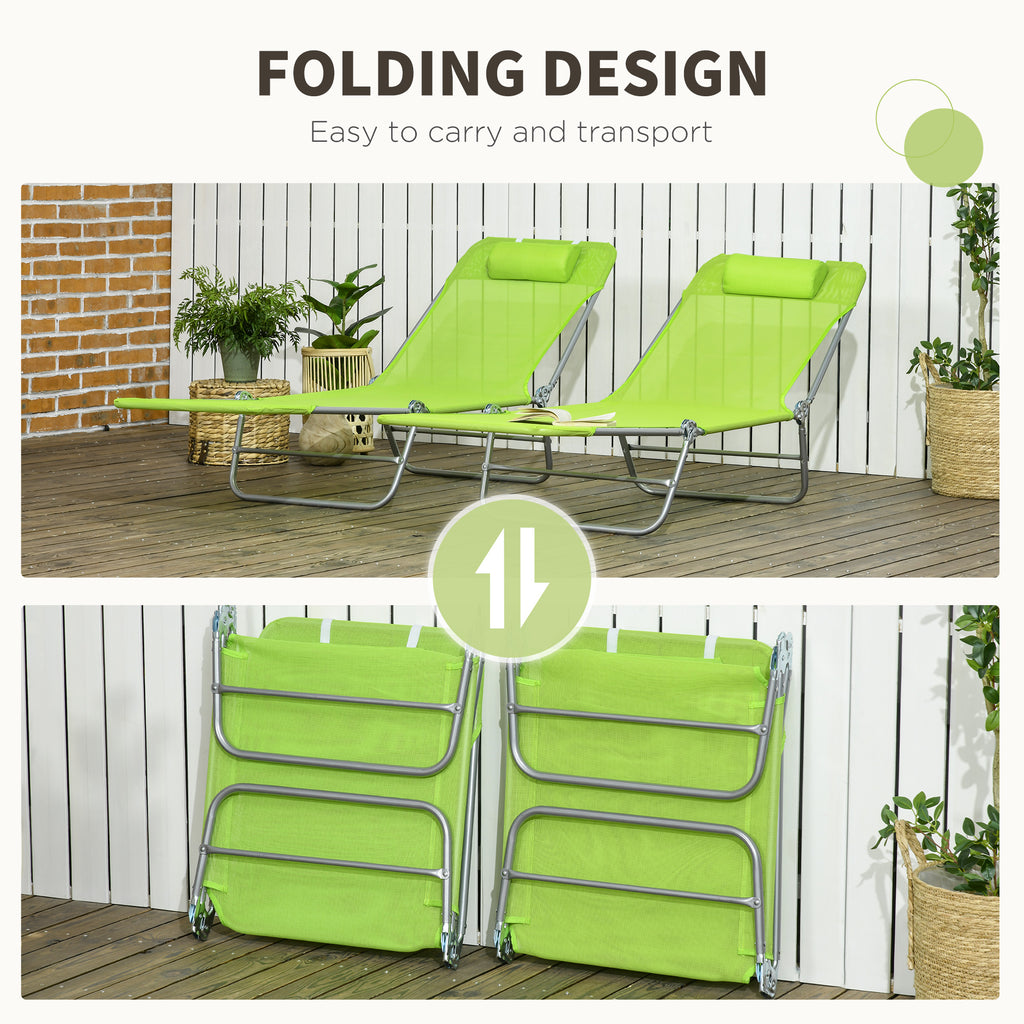 Set of 2 Folding Chaise Lounge Chairs, Outdoor Poolside Sun Tanning Chairs w/ Pillow, Reclining Backrest, Green