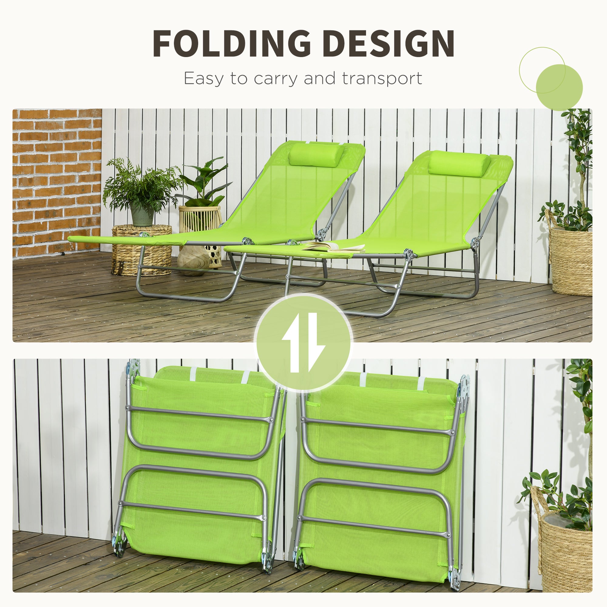 Set of 2 Folding Chaise Lounge Chairs, Outdoor Poolside Sun Tanning Chairs w/ Pillow, Reclining Backrest, Green