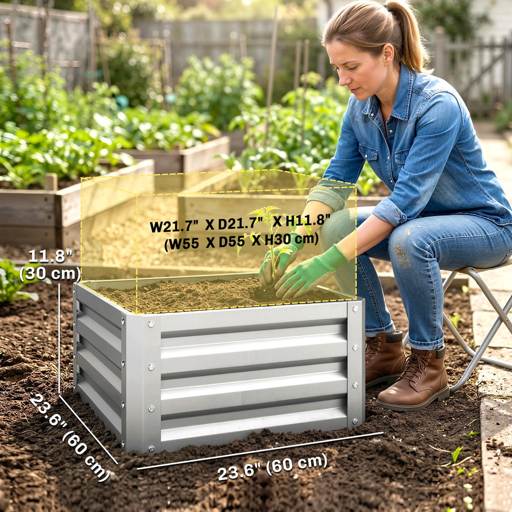 Set of 2 Raised Garden Bed, 2 x 2 x 1ft Steel Planters for Outdoor Plants, Elevated Planter Box, Easy-to-assemble, for Flowers Herbs and Vegetables, Silver