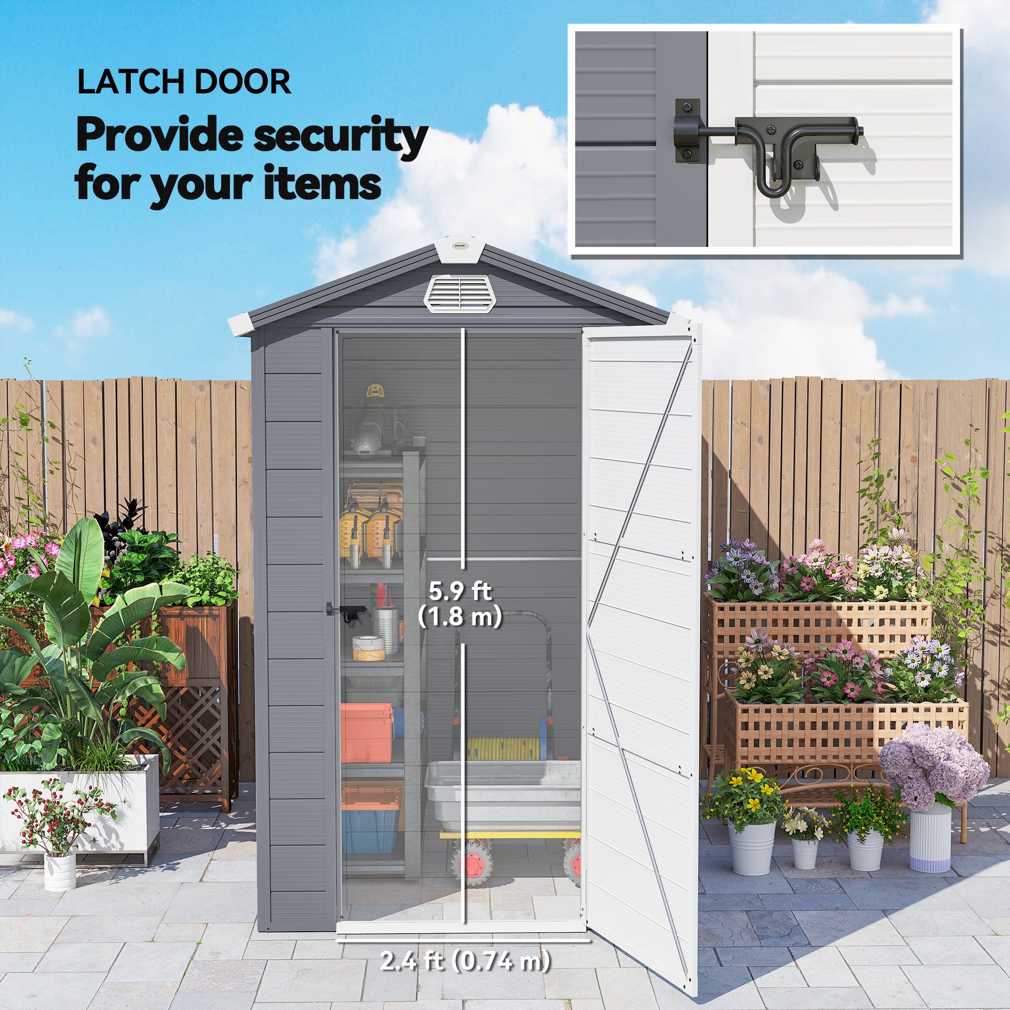 4.5' x 6' Garden Storage Shed with Latch Door, Vents, Sloped Roof, Light Grey