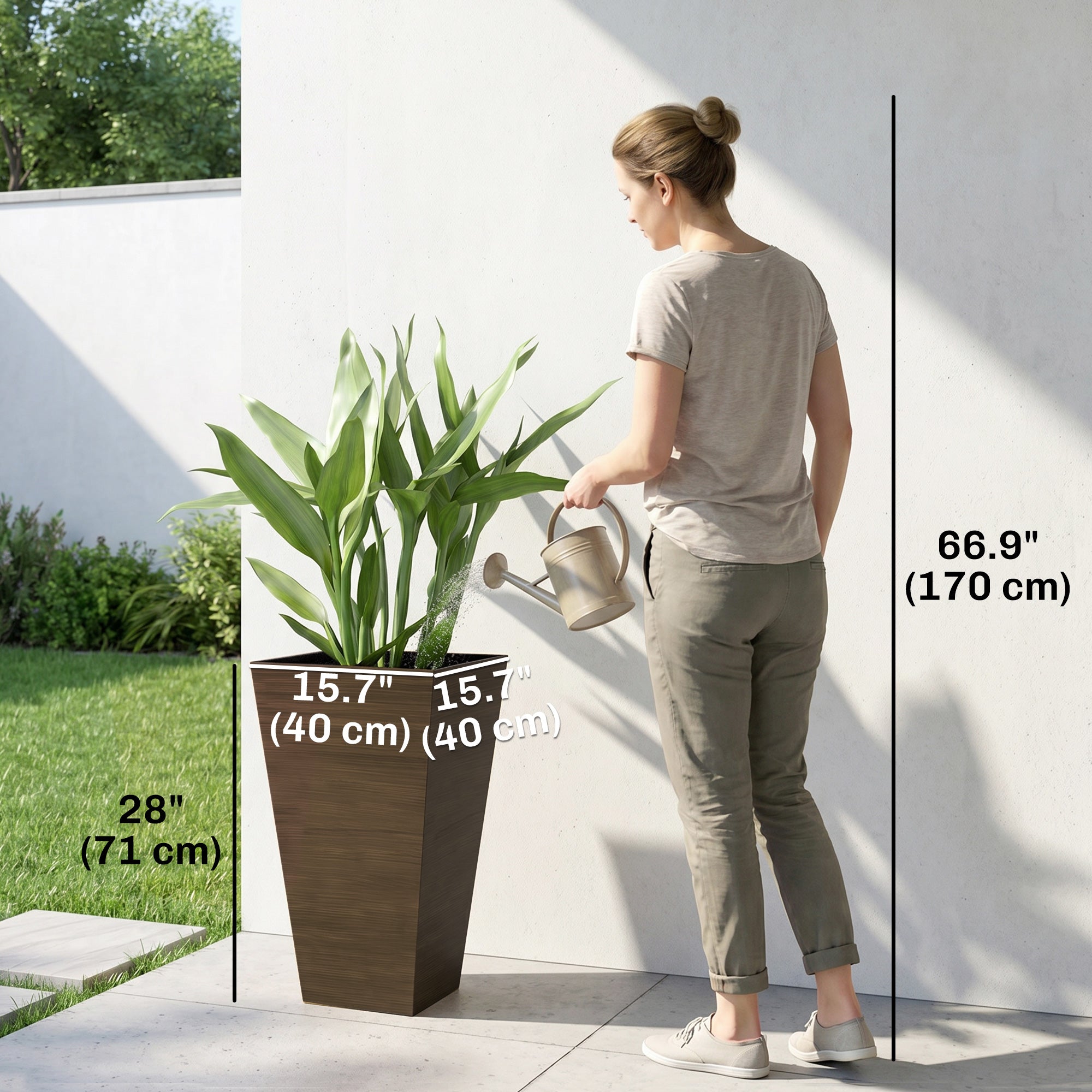 Tall Planter for Outdoor Plants Set of 3, 28 Inch Taper Planter with Drainage Holes, Brown
