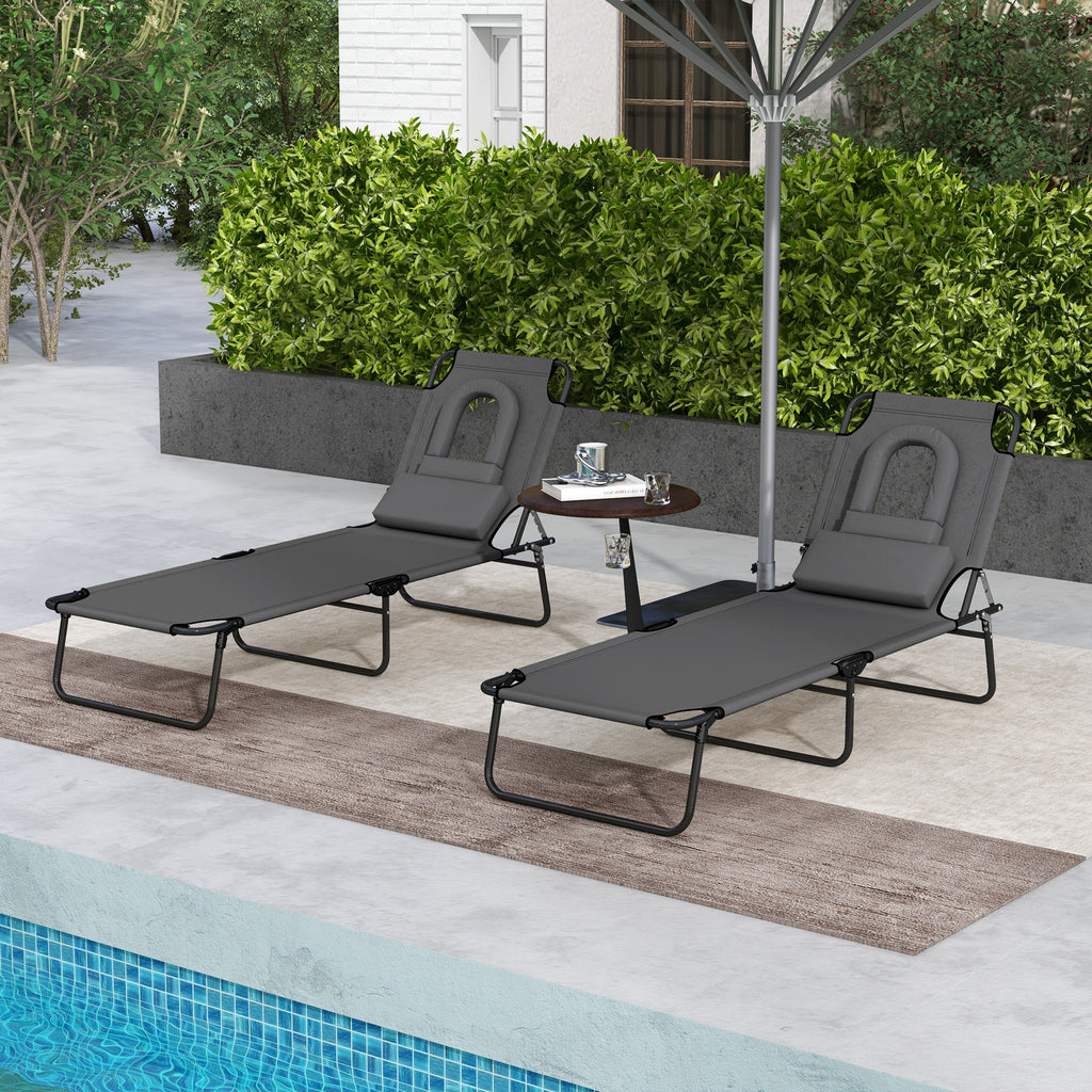Folding Lounge Chair Set of 2, Reclining Beach Tanning Chair with Face Hole, Pillow, 4-Position Adjustable Flat Sun Lounger, Steel Frame for Outdoor Patio Pool, Grey
