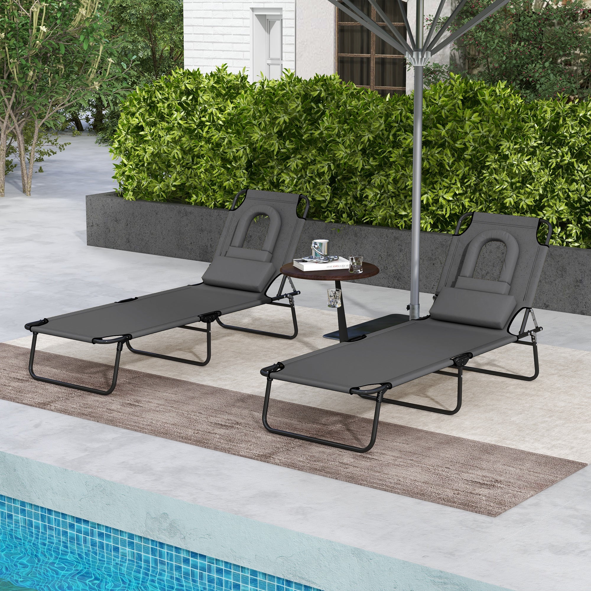 Folding Lounge Chair Set of 2, Reclining Beach Tanning Chair with Face Hole, Pillow, 4-Position Adjustable Flat Sun Lounger, Steel Frame for Outdoor Patio Pool, Grey