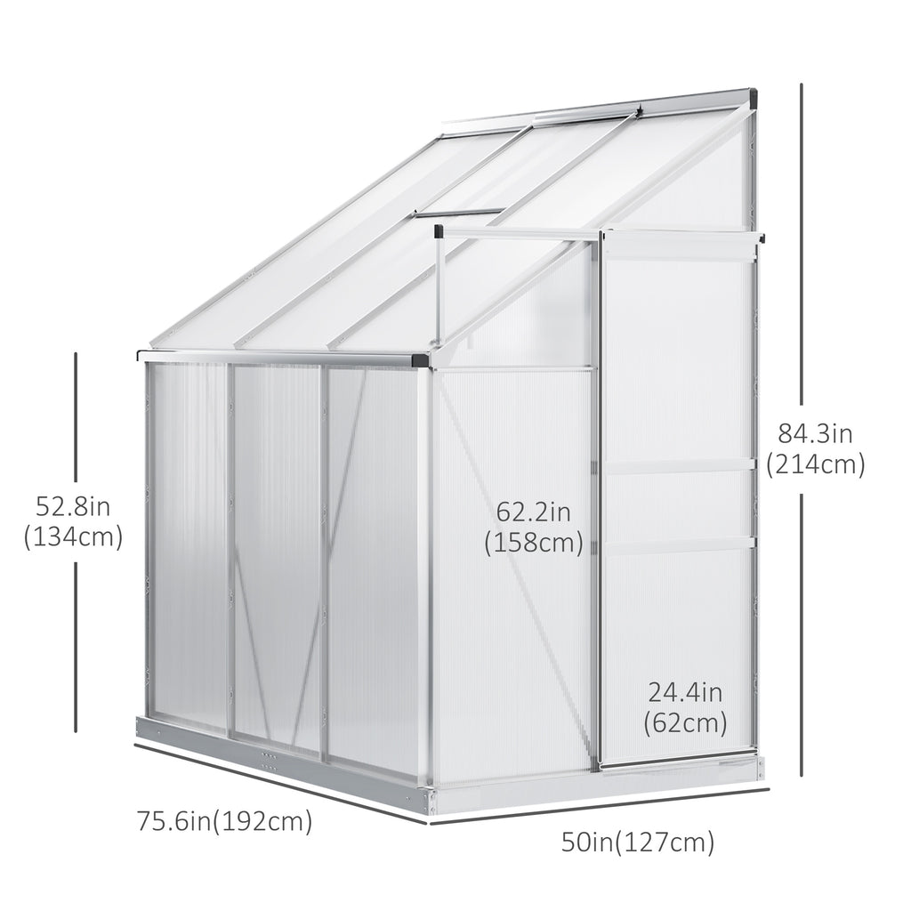 6' x 4' Aluminum Lean-to Greenhouse Polycarbonate Walk-in Garden Greenhouse with Adjustable Roof Vent, Rain Gutter and Sliding Door for Winter, Clear
