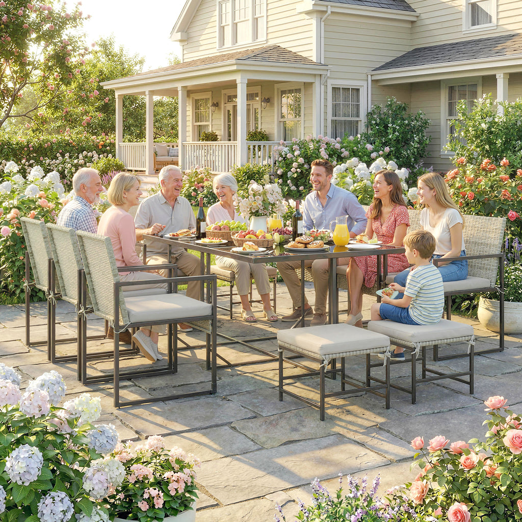 11 Pieces Wicker Patio Dining Set, Rattan Outdoor Furniture Set with 6 Armchairs, 4 Stools, Light Grey