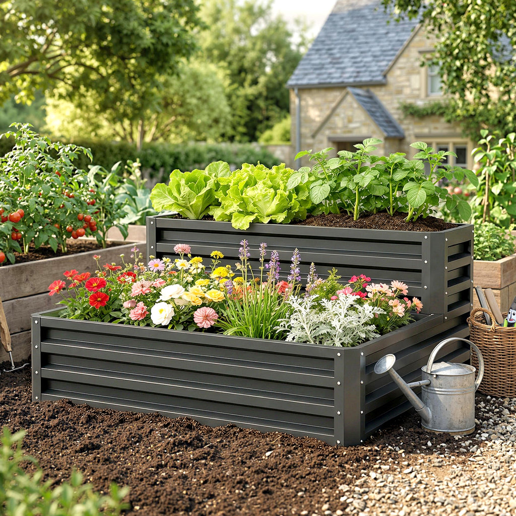 2 Tier Raised Garden Bed, 47" x 40" x 23" Galvanized Steel Planter Box for Vegetables, Flowers, and Herbs, Dark Grey