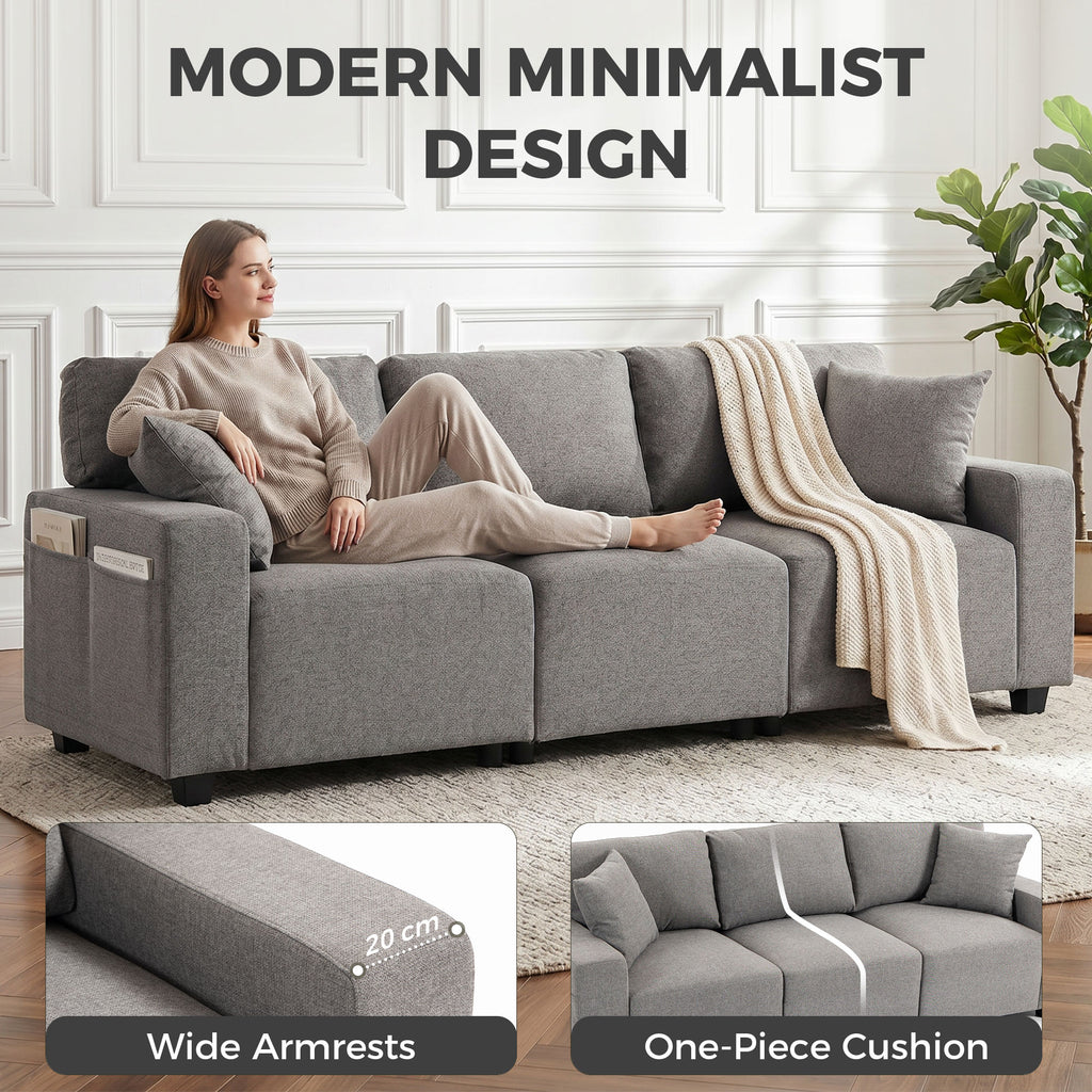 3 Seater Sofa with Storage Pockets, Modern Upholstered Couch with Pocket Springs, Grey