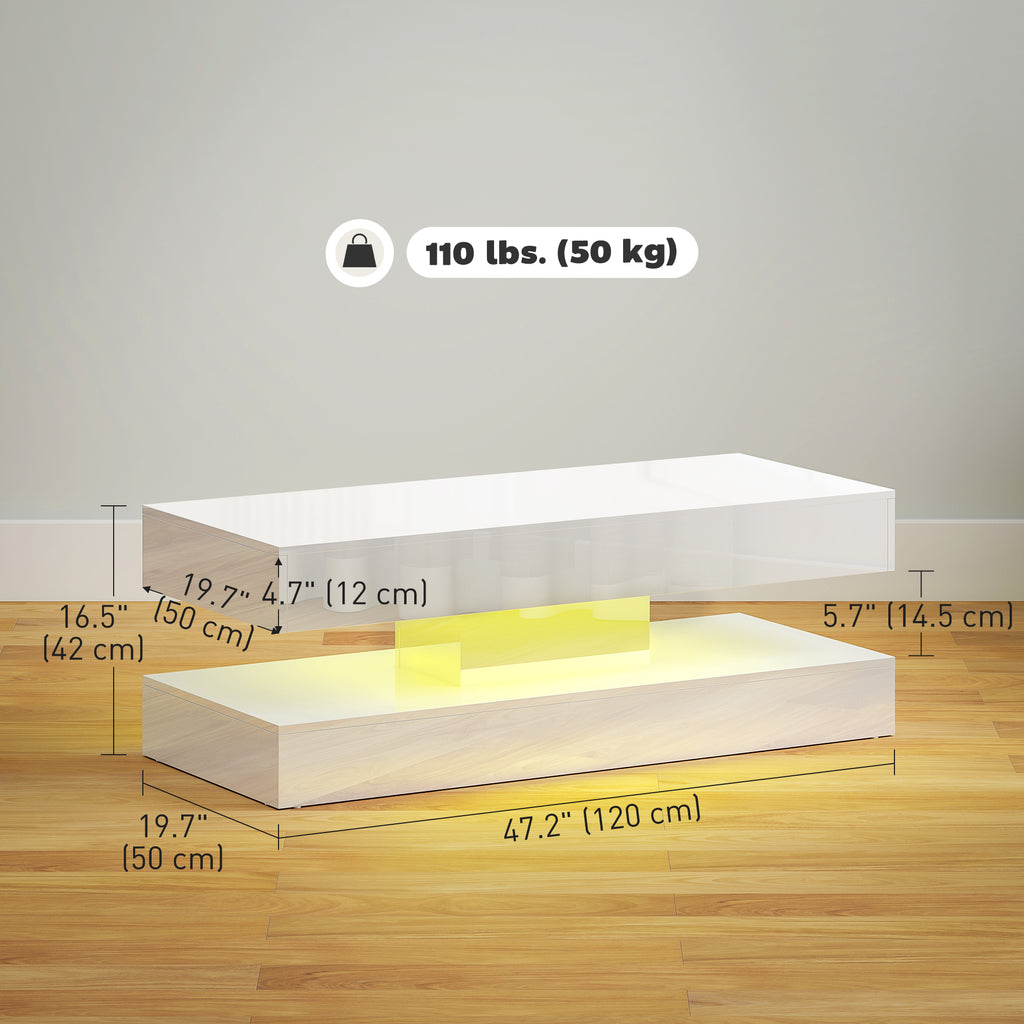 Coffee Table with Adjustable LED Lights, Modern Living Room Table with 2 Drawers, Open Shelf, Remote, High Gloss White