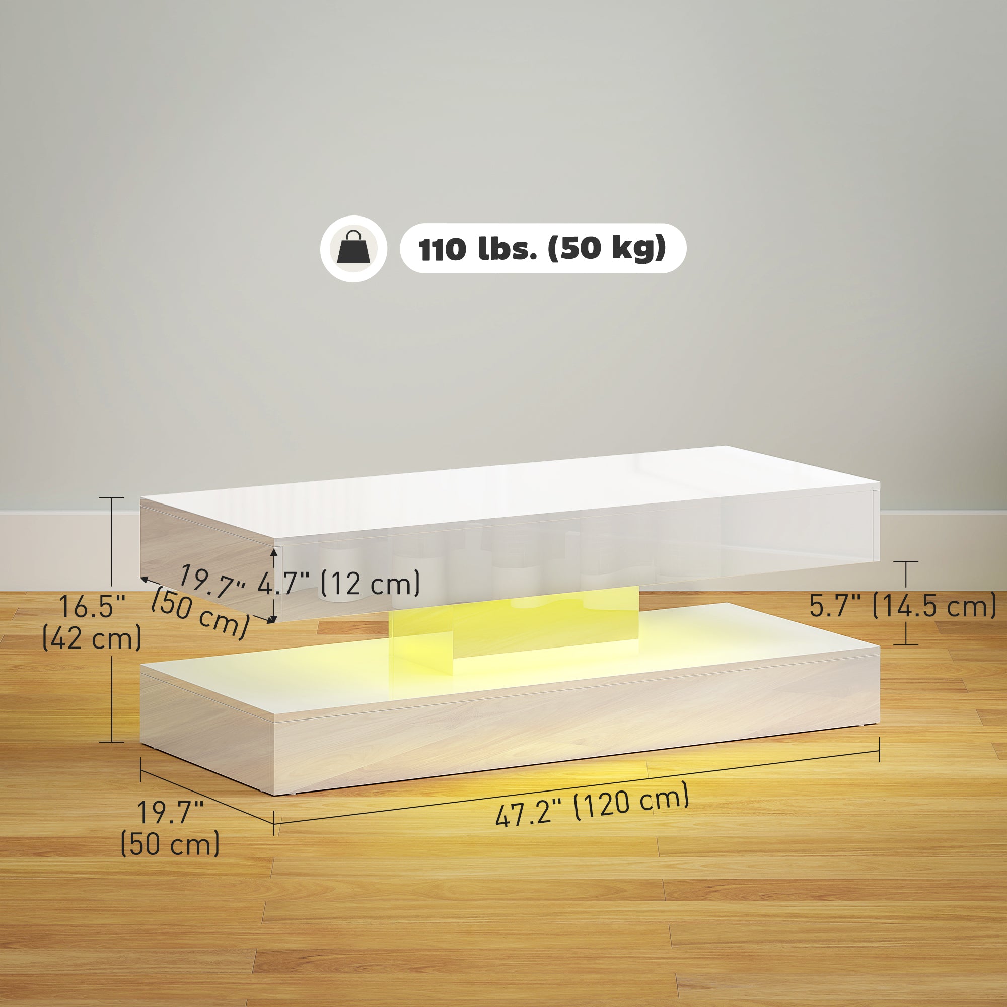 Coffee Table with Adjustable LED Lights, Modern Living Room Table with 2 Drawers, Open Shelf, Remote, High Gloss White