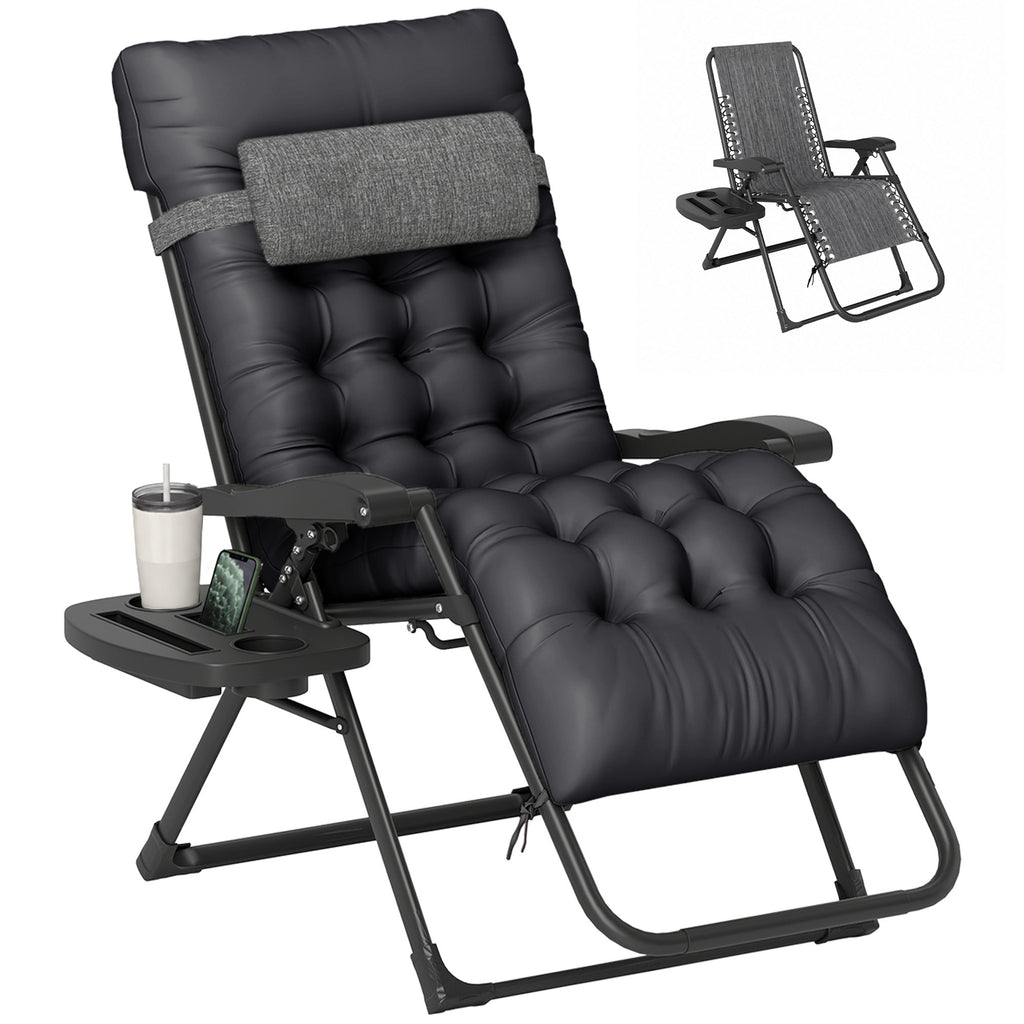 Padded Folding Recliner Chair, Patio Lounger with Cupholder, Adjustable Backrest, Removable Cushion, Black